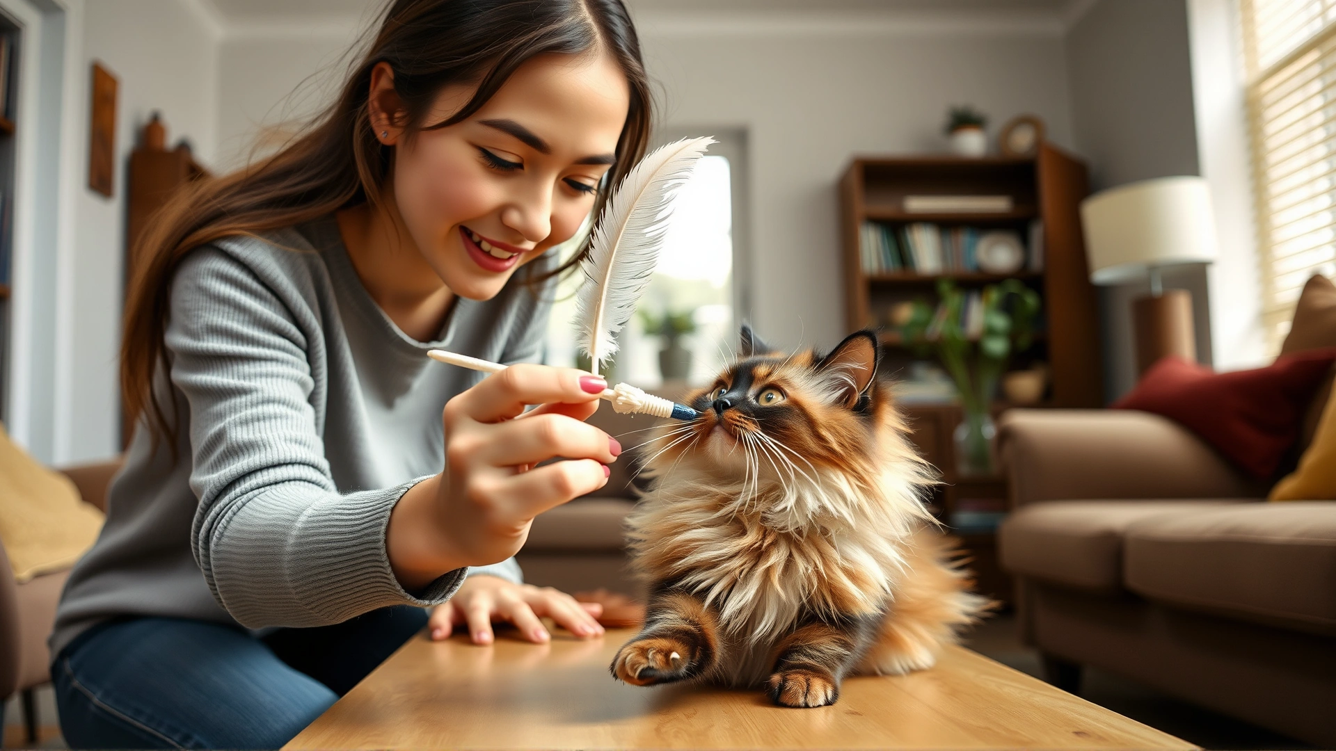 Young woman using a feather wand toy to play with an energetic Ragdoll cat in a living room