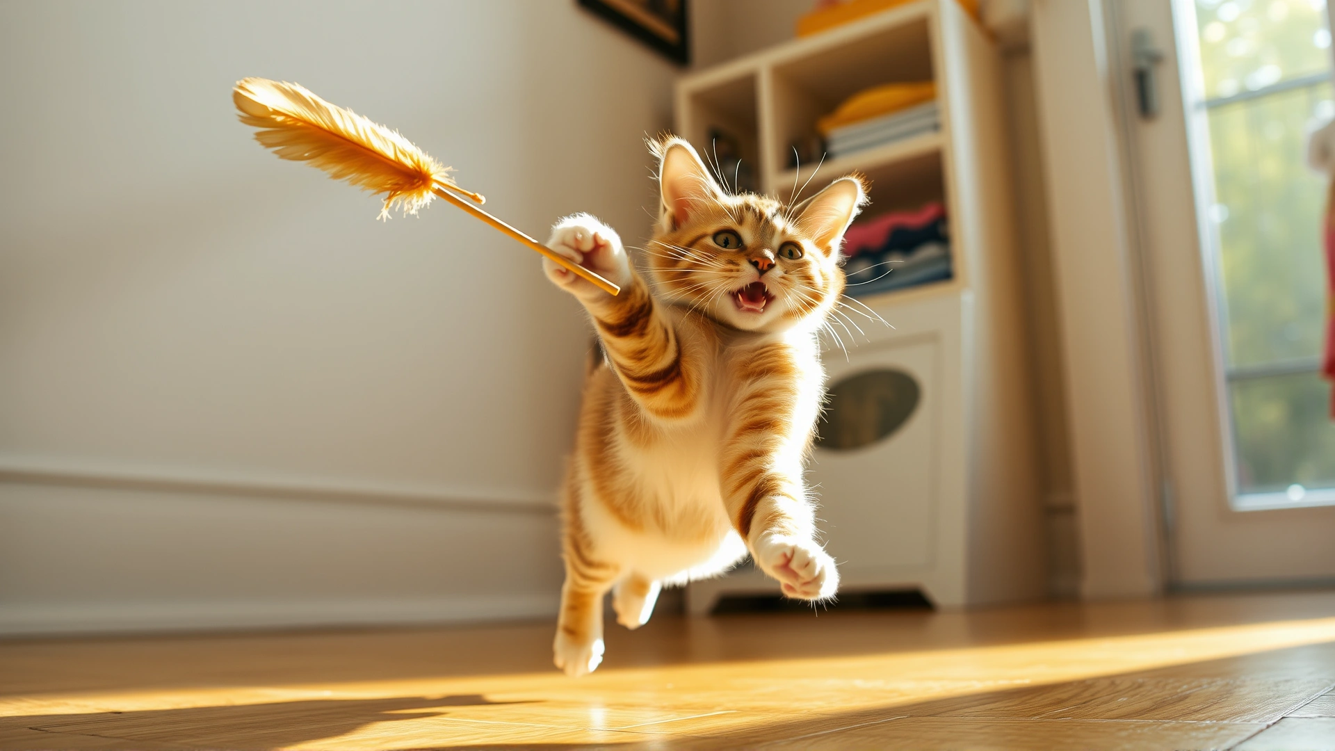 Image of a playful cat jumping after a feather wand toy in a sunlit room, illustrating positive playtime.