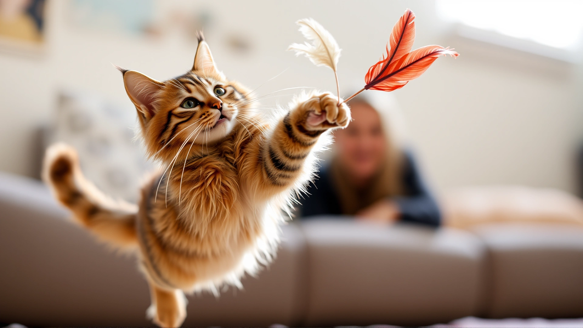 Cat jumping to catch a feather toy during interactive play with owner