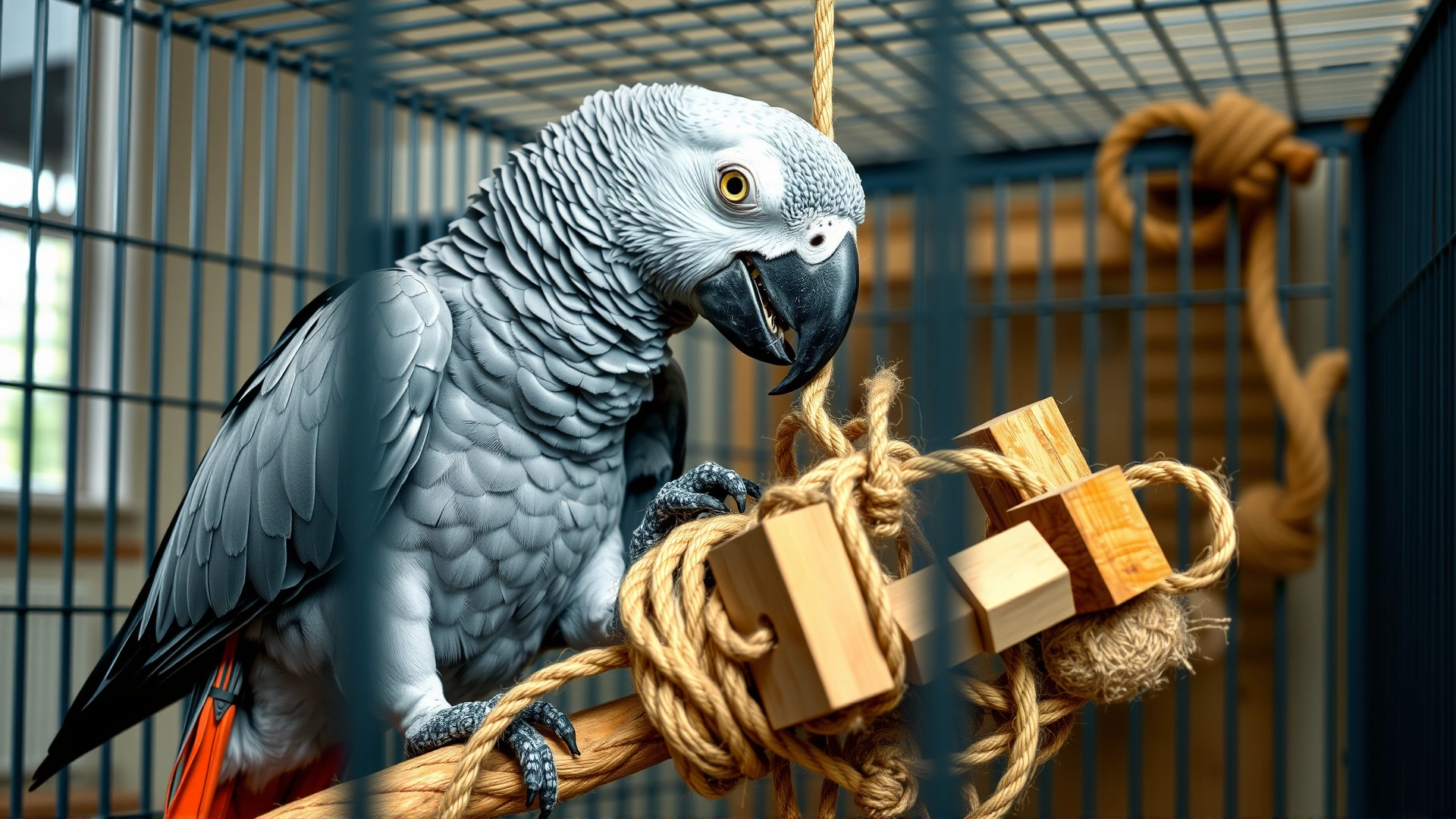 African grey parrot interacting with a complex foraging toy made of rope and wooden blocks inside a spacious cage.
