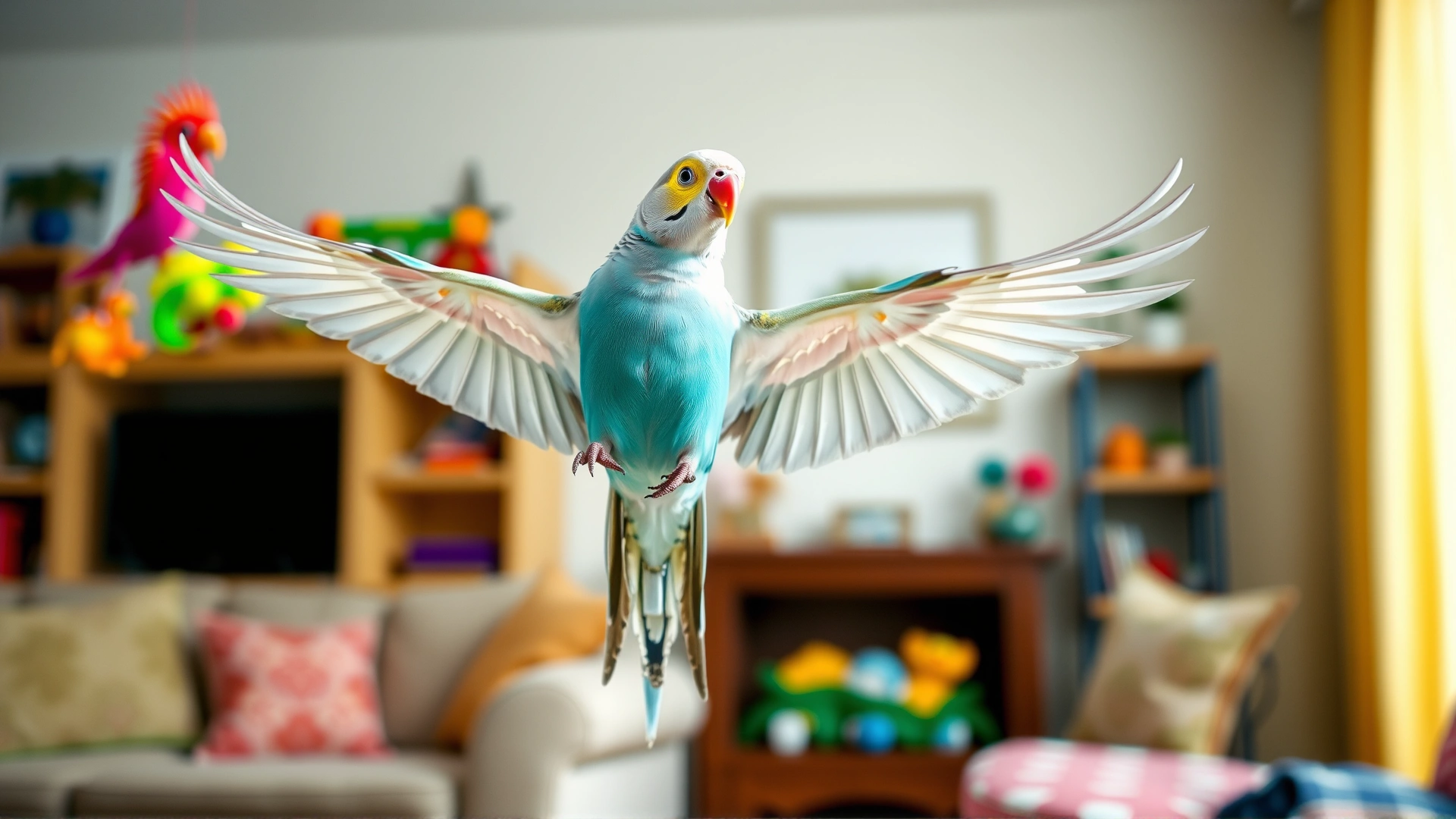 Medium parakeet flying freely in a living room with outstretched wings while colorful toys hang in the background, captured mid-flight.