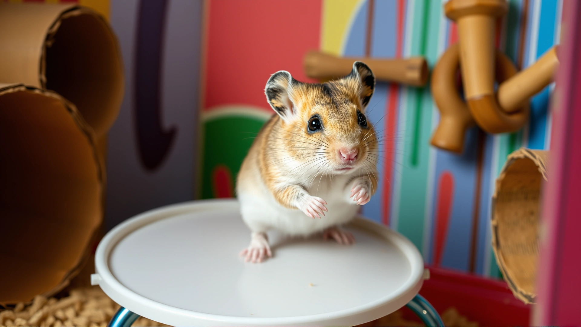 Gerbil running on a solid-surface exercise wheel inside a colorful enclosure with cardboard tubes and wooden chew toys