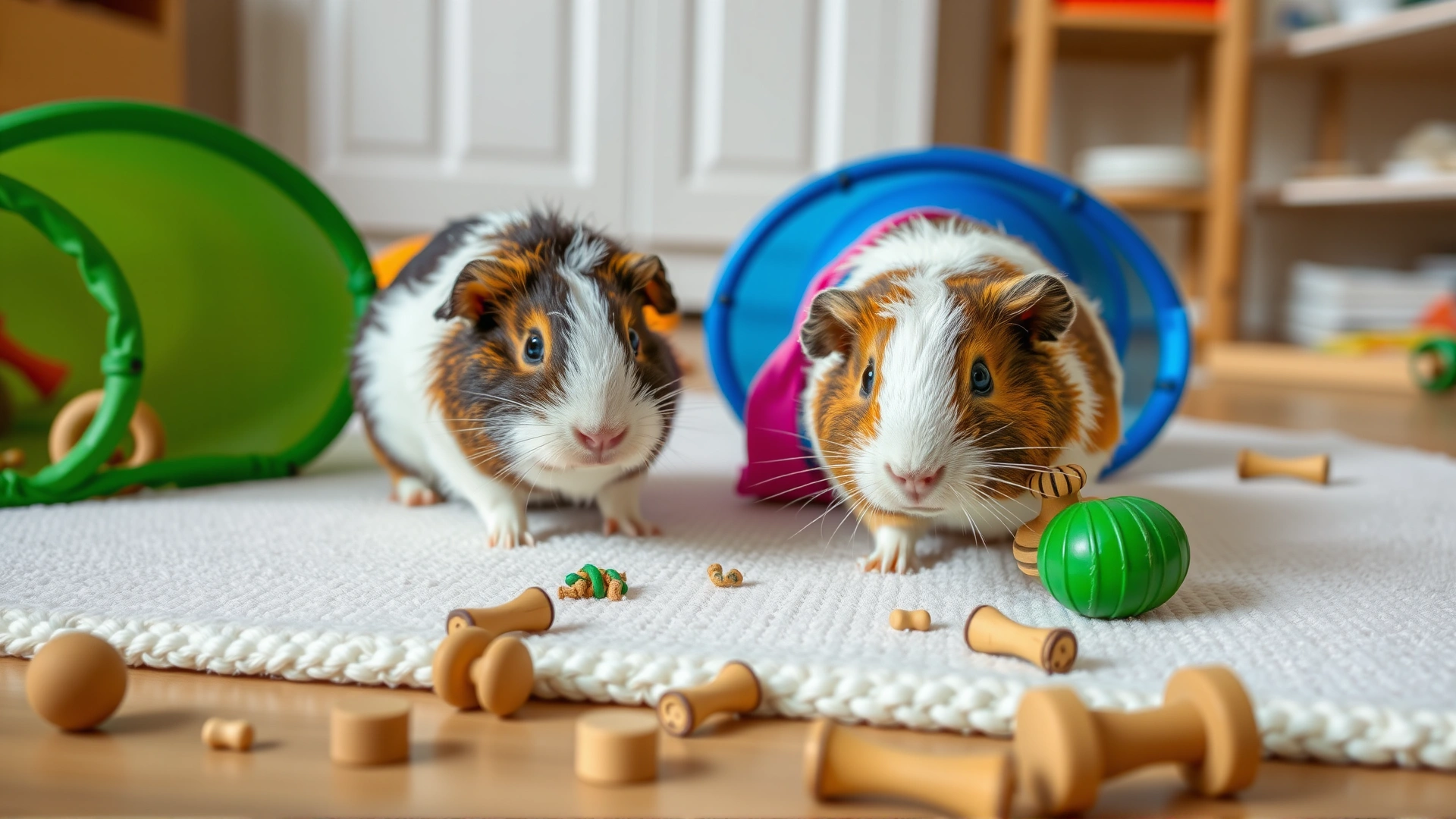 Two guinea pigs enjoying floor time with colorful tunnels and wooden chew toys scattered on a clean play mat, motion captured mid-exploration