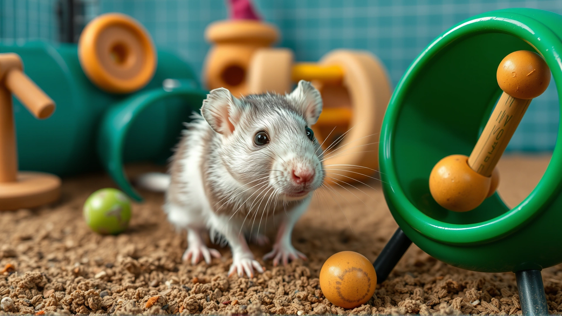Domestic rat exploring a playground setup with tunnels, chew toys, and a solid-surface exercise wheel in a safe playpen area
