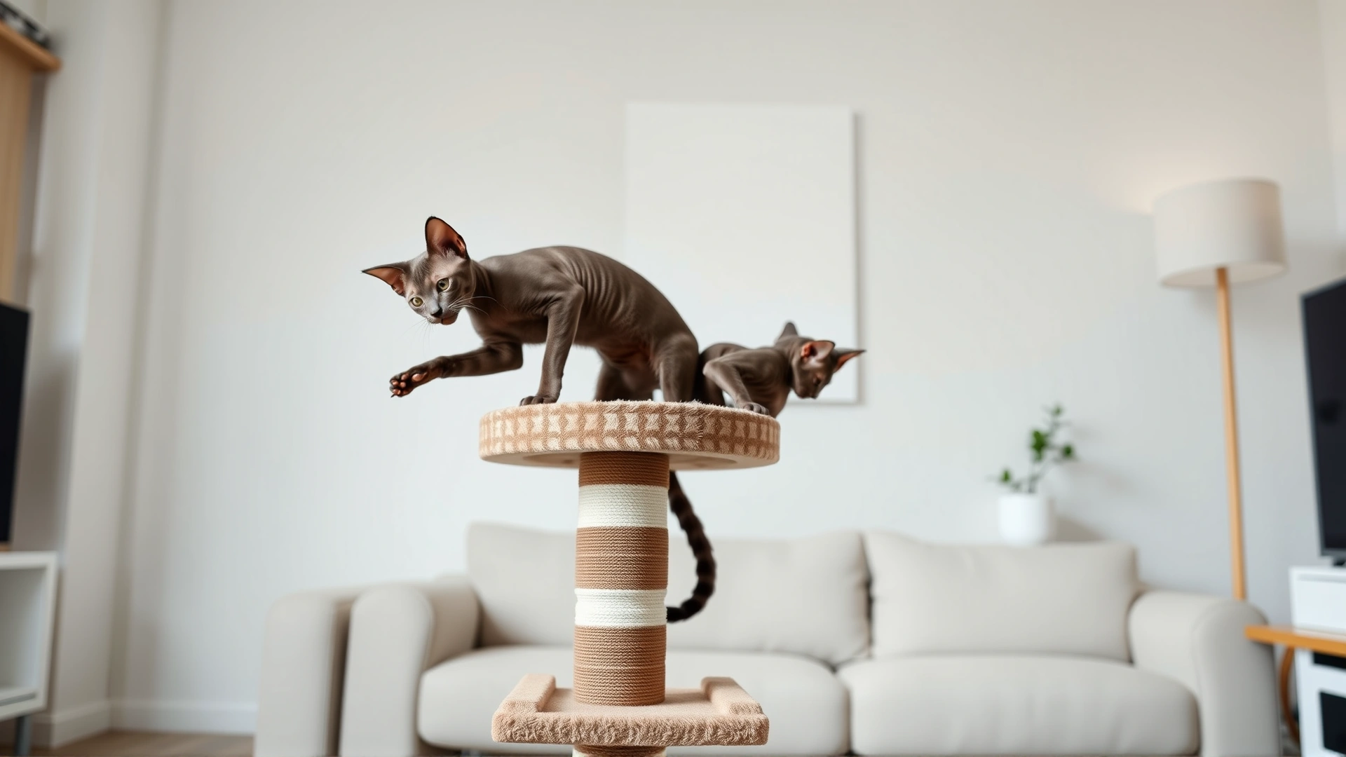 Two Devon Rex cats climbing and playing on a modern cat tree in a minimalist living room.