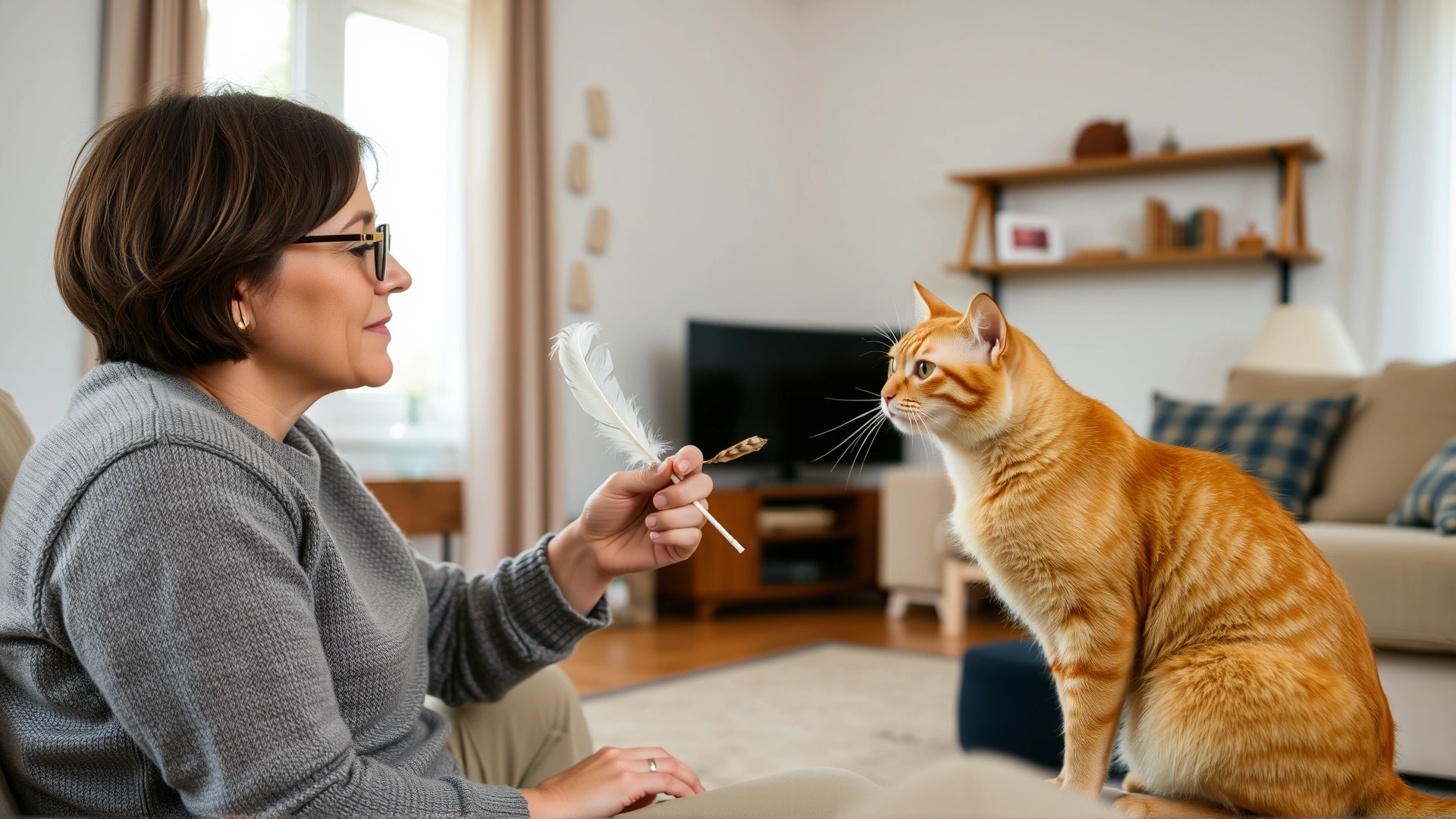 Owner engaging an orange tabby cat with a feather toy in a calm, tidy living room, promoting stress reduction.