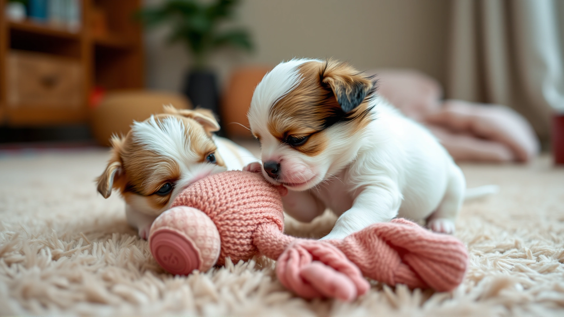Two teacup puppies playing with a soft plush toy on a fuzzy carpet in a cozy indoor setting.