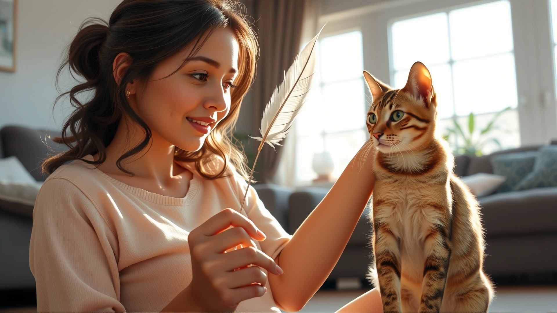 Young woman playing with a feather wand with a slim energetic cat in a sunlit living room.