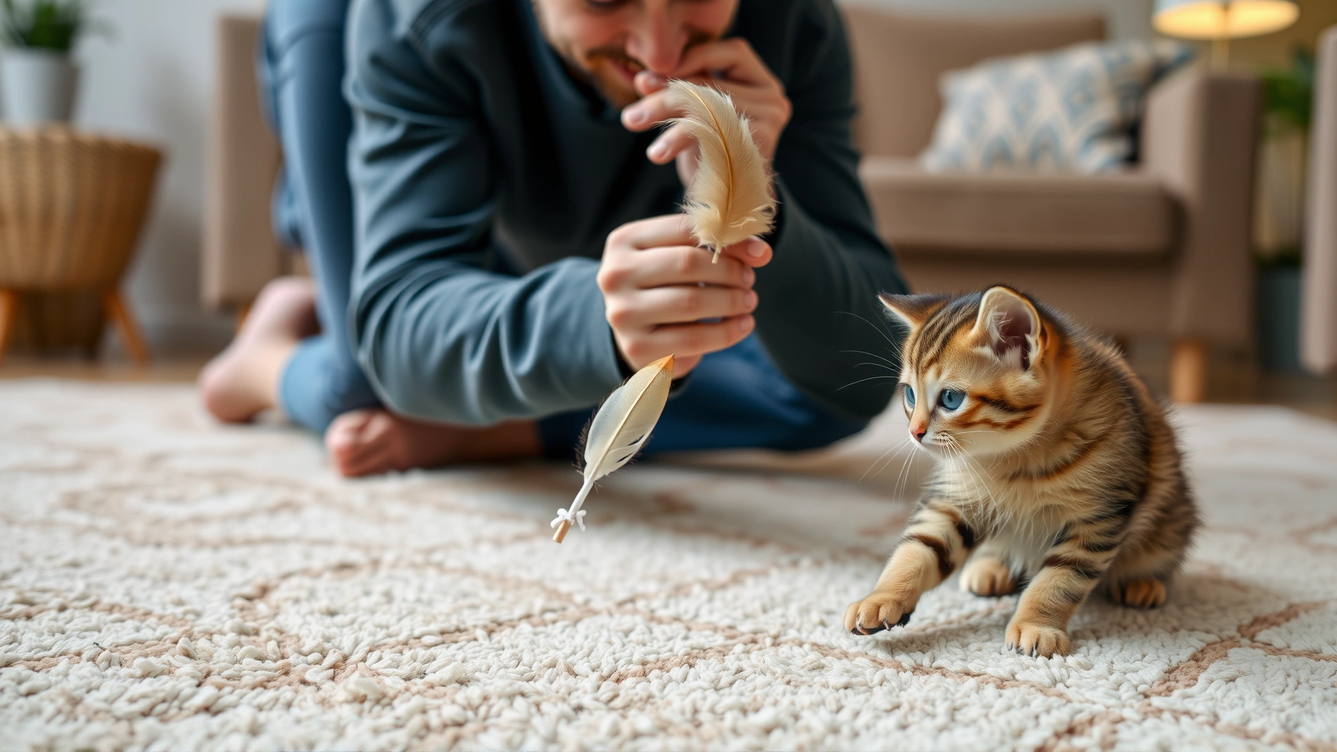 Owner playing with a young cat using a feather wand toy on a rug in a living room, both engaged and active. Motion blur on toy, no text.
