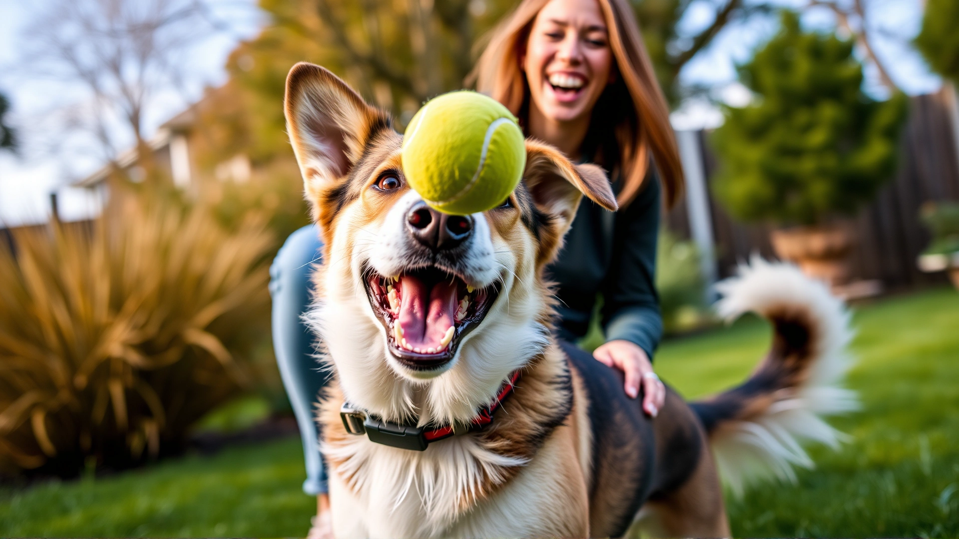 Energetic dog catching a tennis ball thrown by a laughing pet sitter in a green backyard.