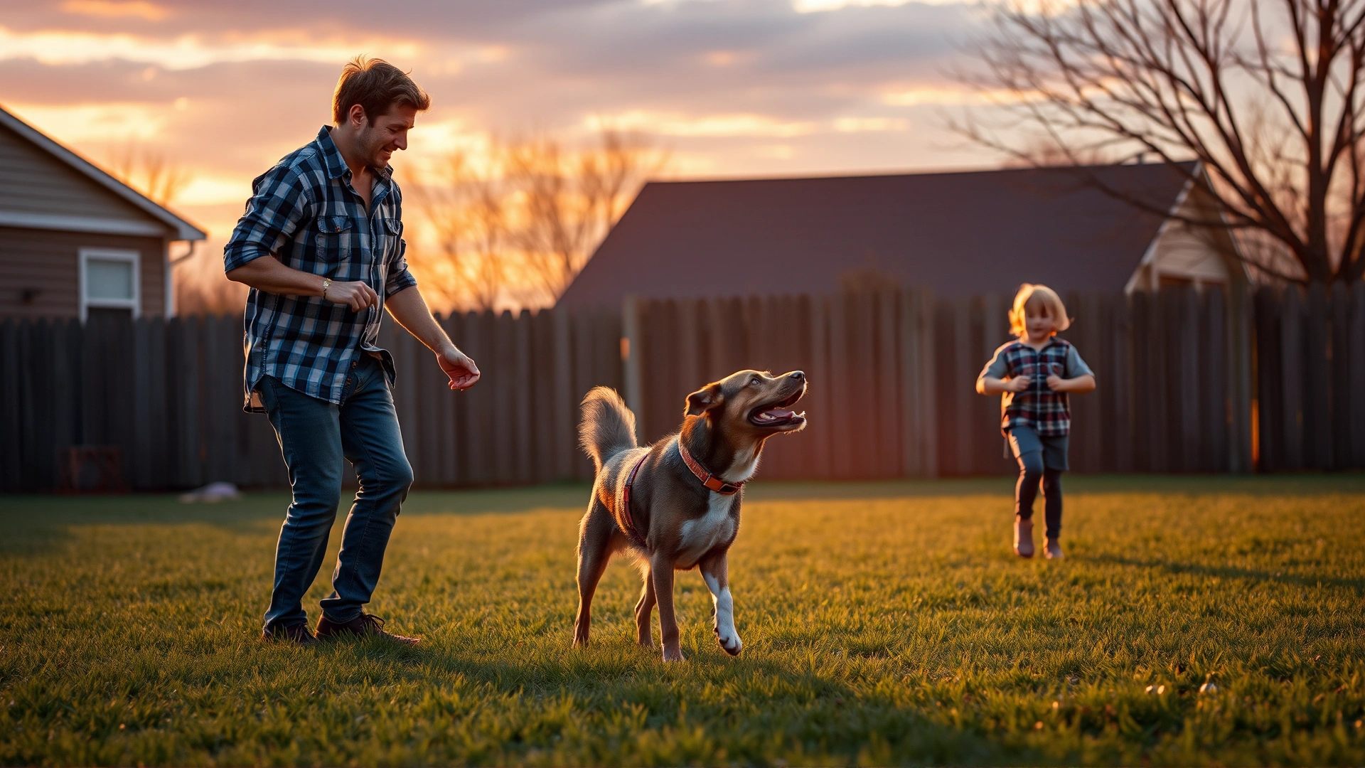 A family playing fetch with a three-legged dog in a fenced backyard during sunset.