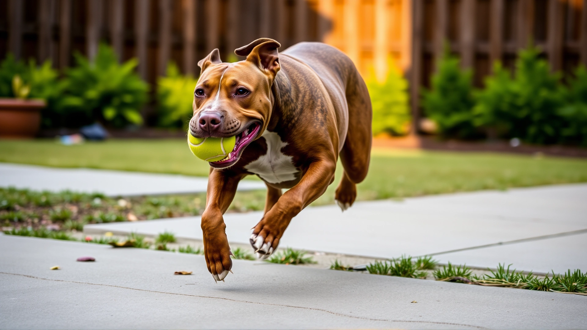 Athletic Pit Bull running joyfully with a tennis ball in its mouth in a fenced backyard.