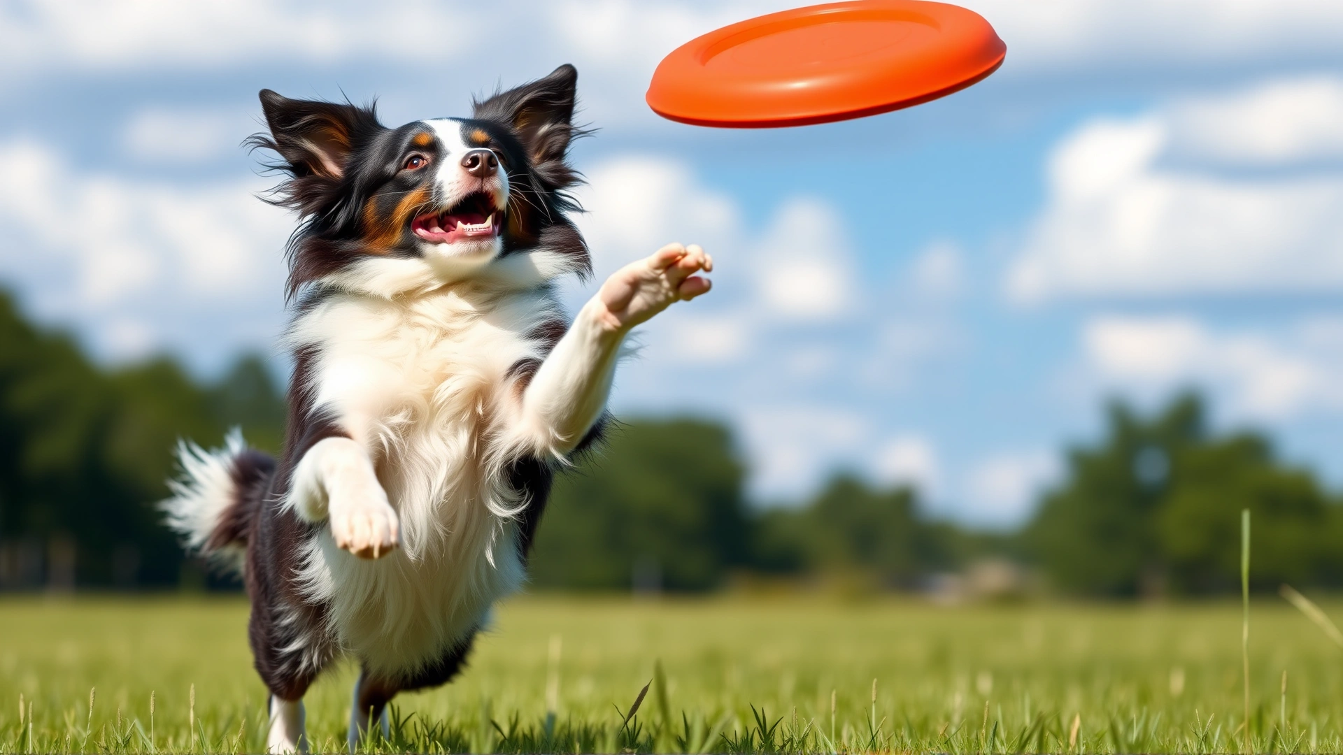 A young border collie catching a frisbee in mid-air in a wide grassy field under blue skies.
