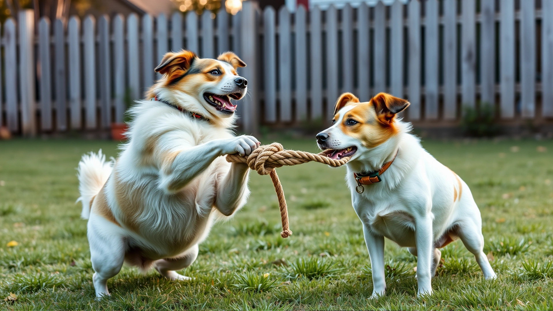 Two dogs playing tug-of-war with a rope toy in a fenced backyard