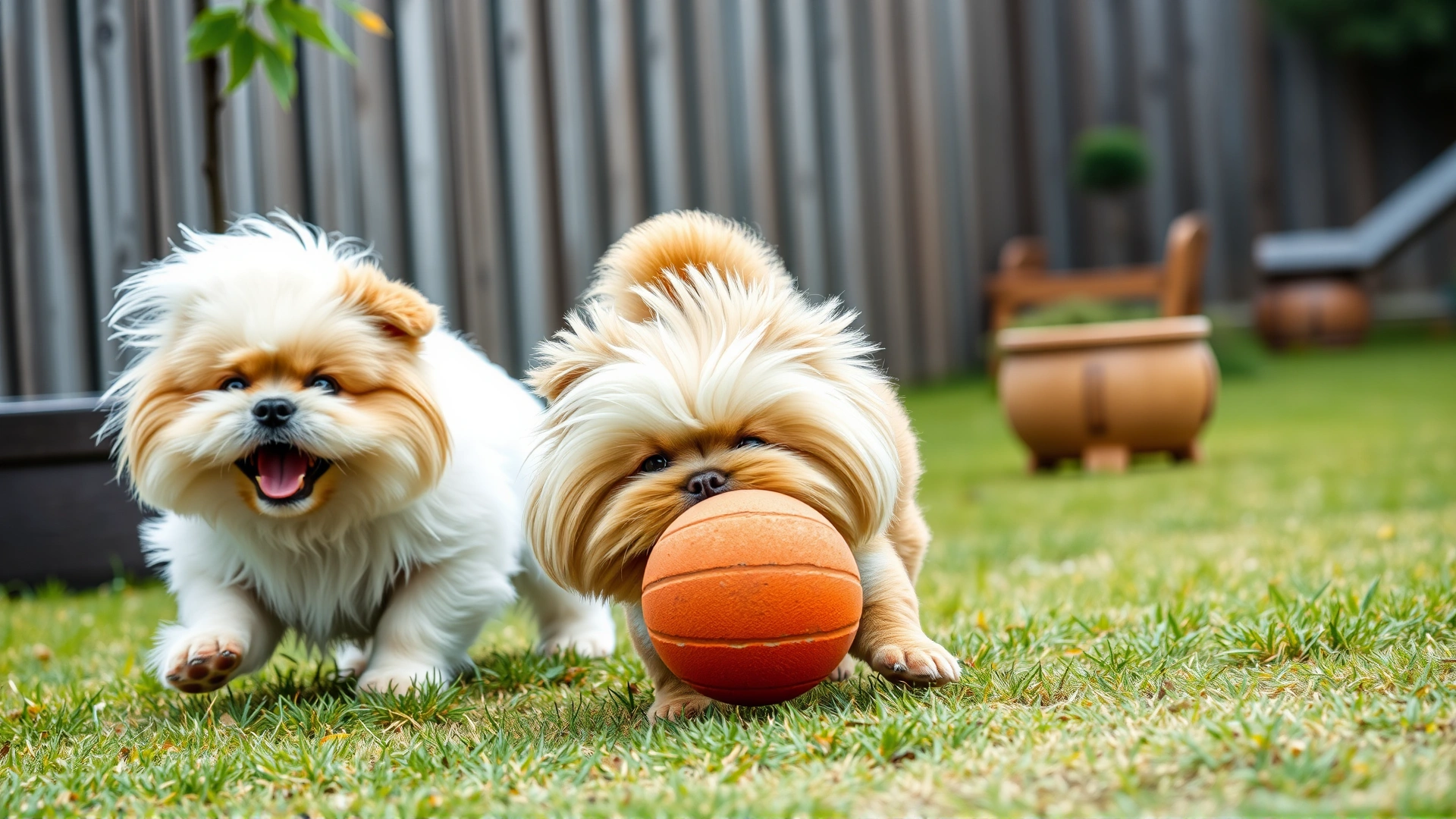 Two Shichon dogs playing fetch with a ball in a fenced backyard.