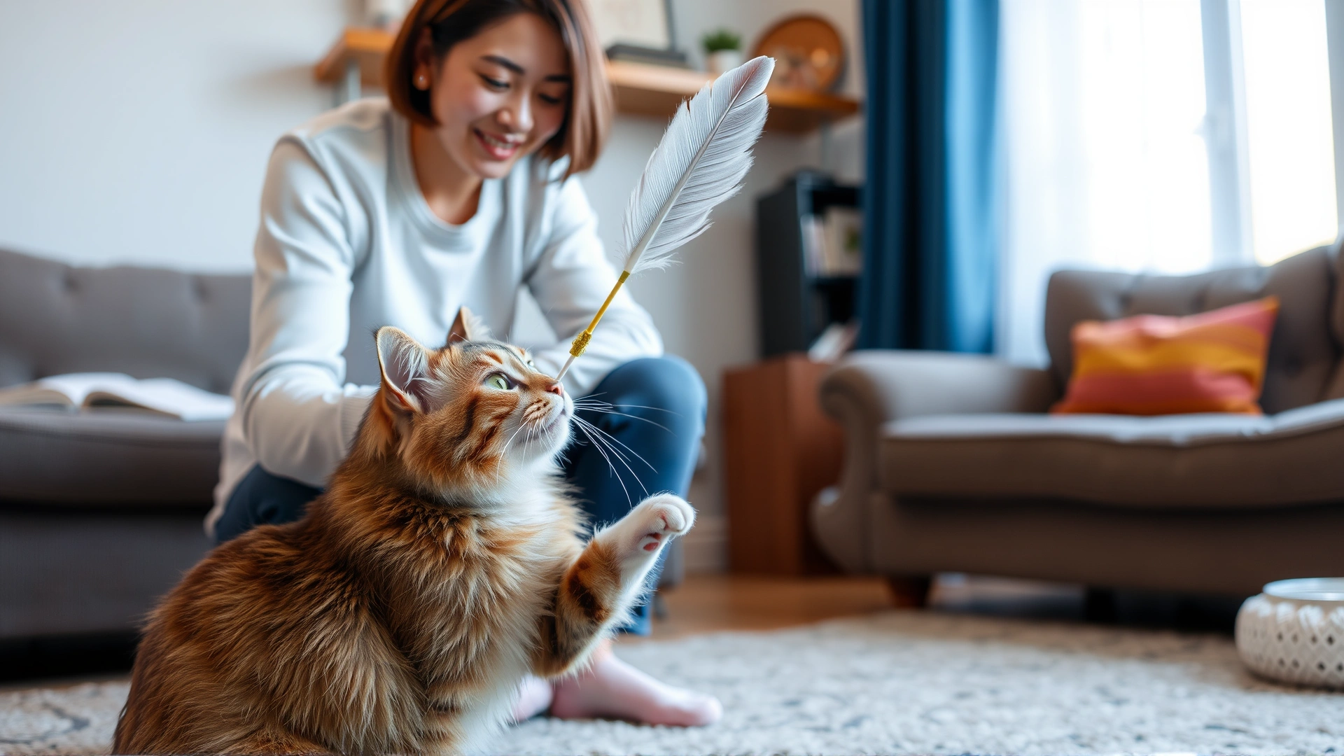 An owner engaging a playful cat with a feather wand toy in a living room, demonstrating interactive play to reduce stress.