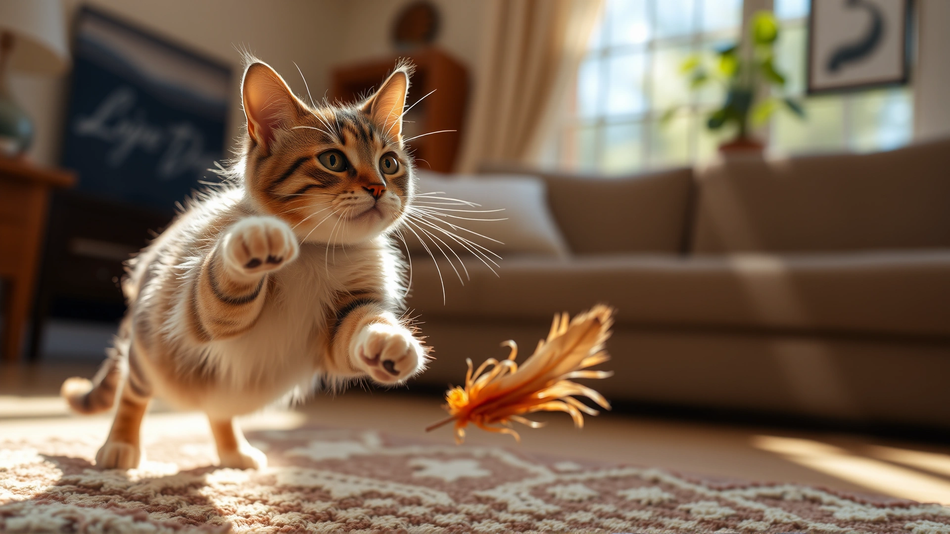 A small adult cat chasing a feather toy in a cozy living room, sunlight streaming, emphasizing active and happy life post-adoption.