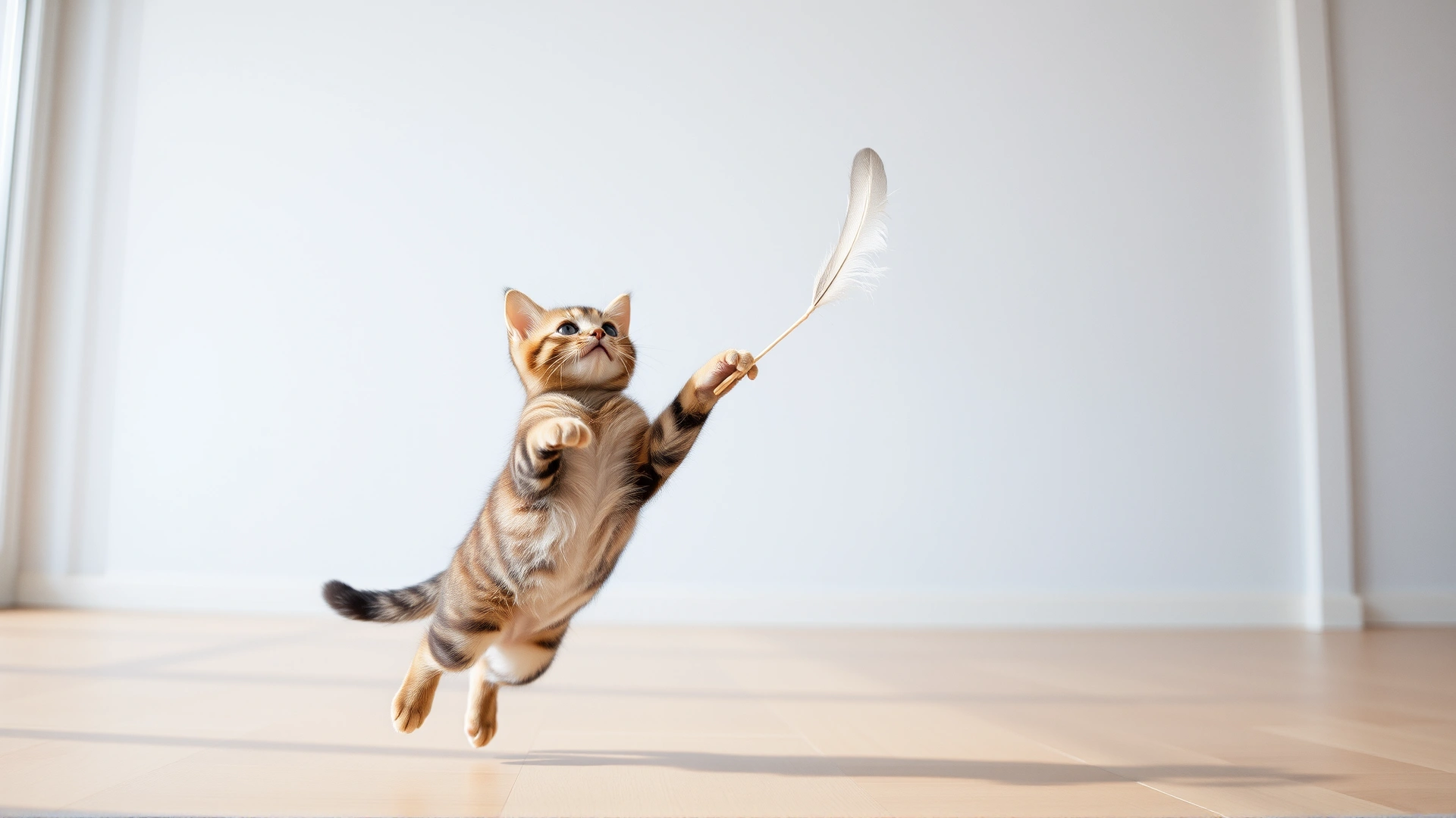 Young cat leaping to catch a feather wand toy, bright clean room