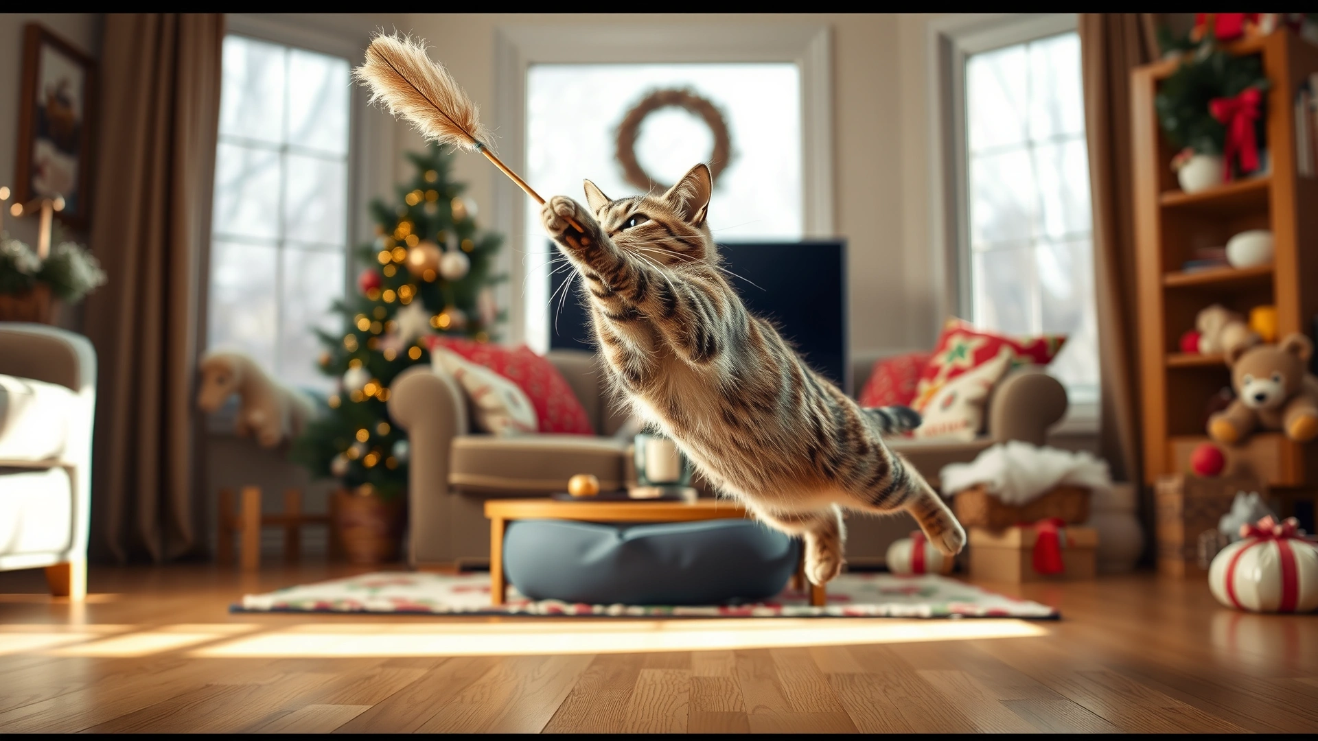 Energetic indoor scene of a cat leaping to catch a feather wand toy in a living room decorated for winter.