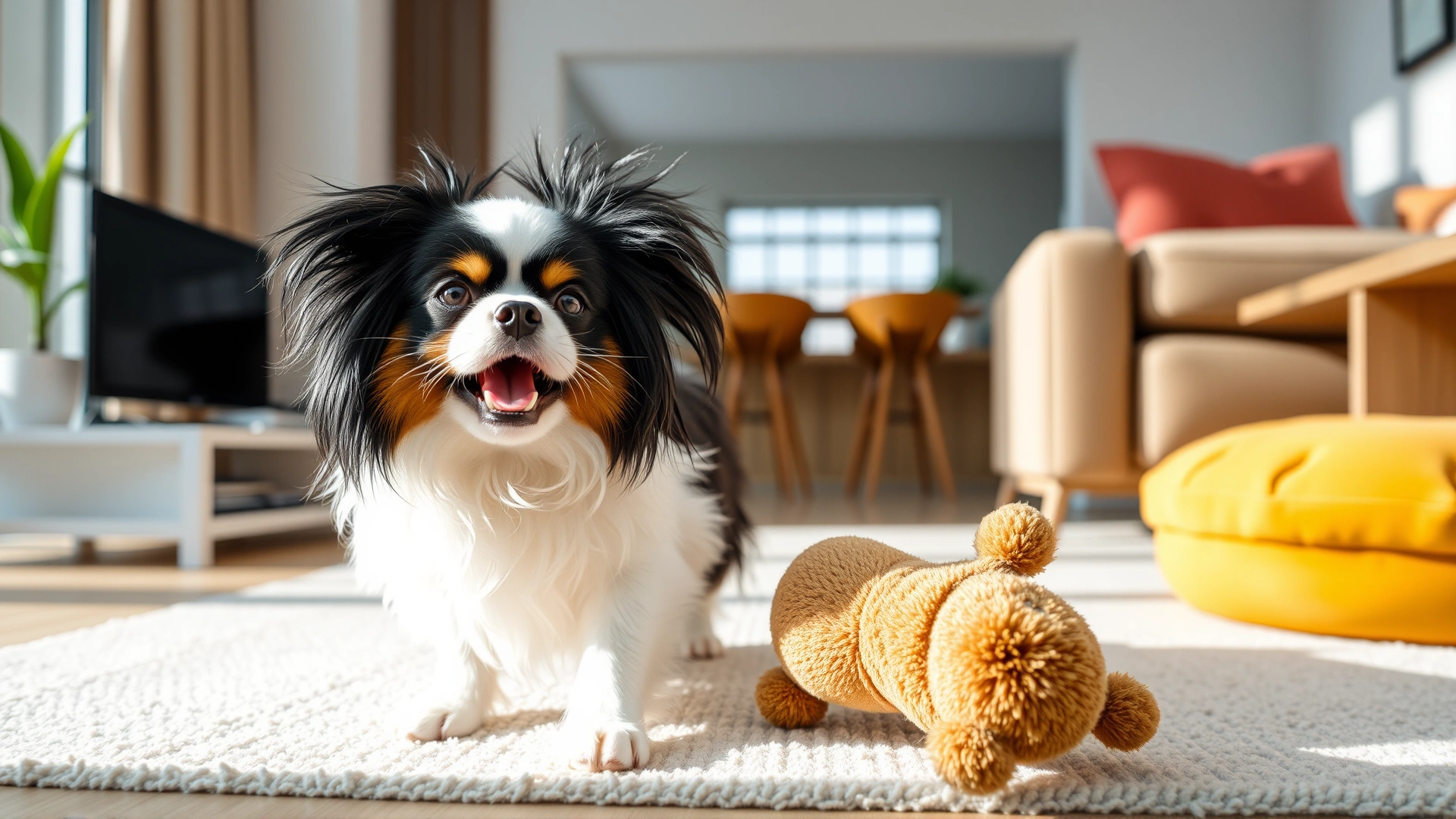 Japanese Chin joyfully playing with a plush toy in a modern apartment living room with natural daylight