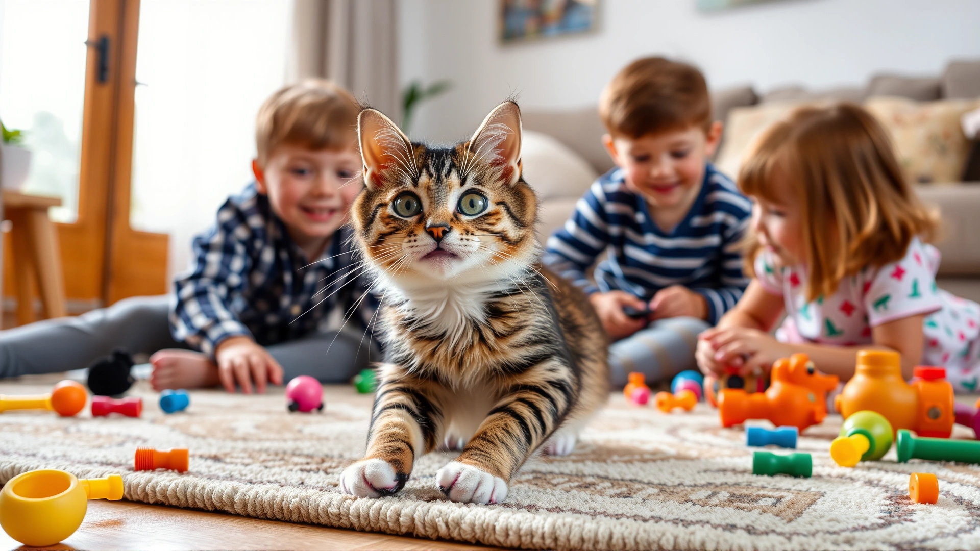 Happy American Wirehair cat playing with two young children on a living room rug, colorful toys scattered around, bright indoor lighting