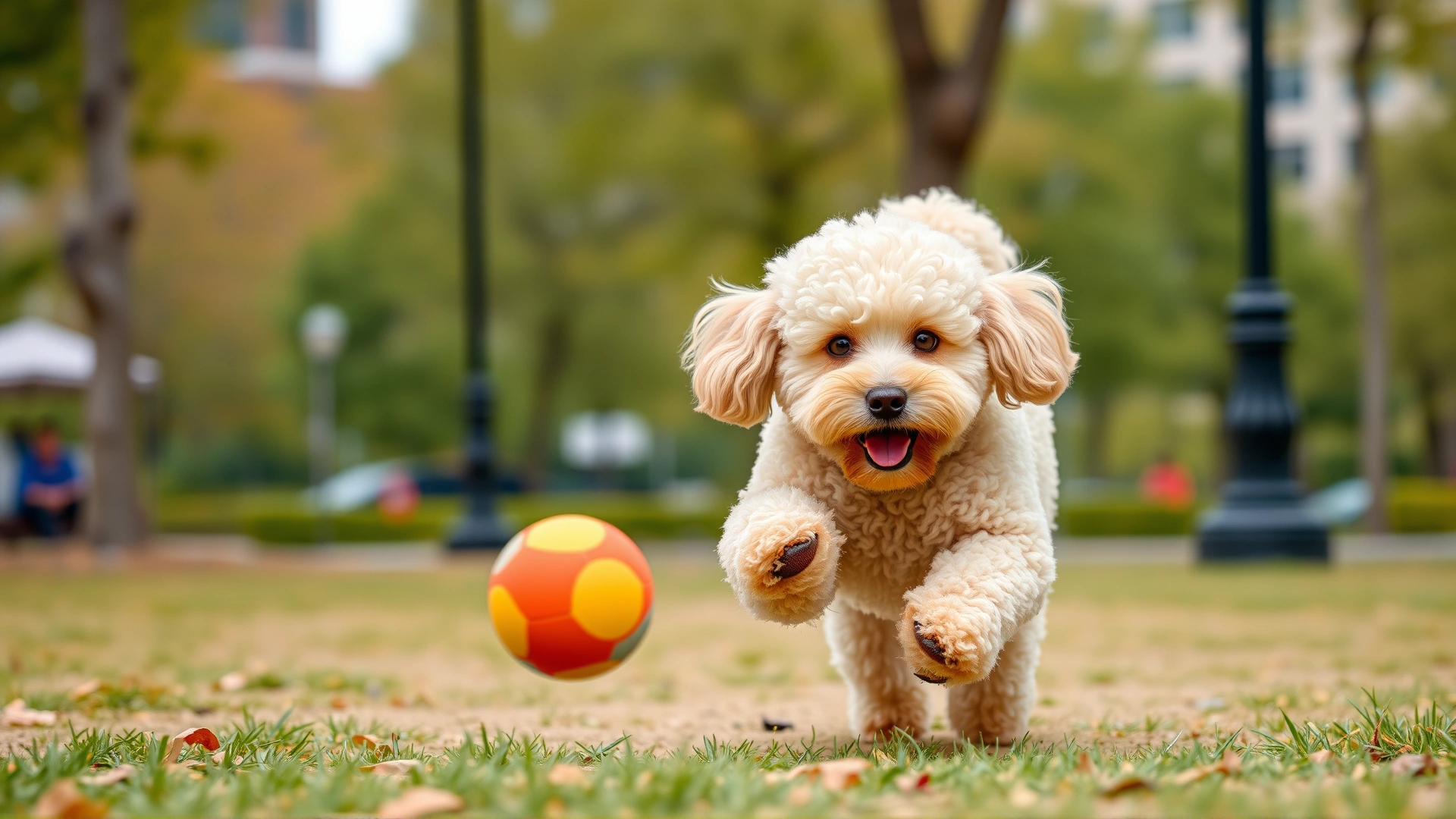 Action shot of a Miniature Poodle fetching a colorful ball in a city park, illustrating exercise needs.