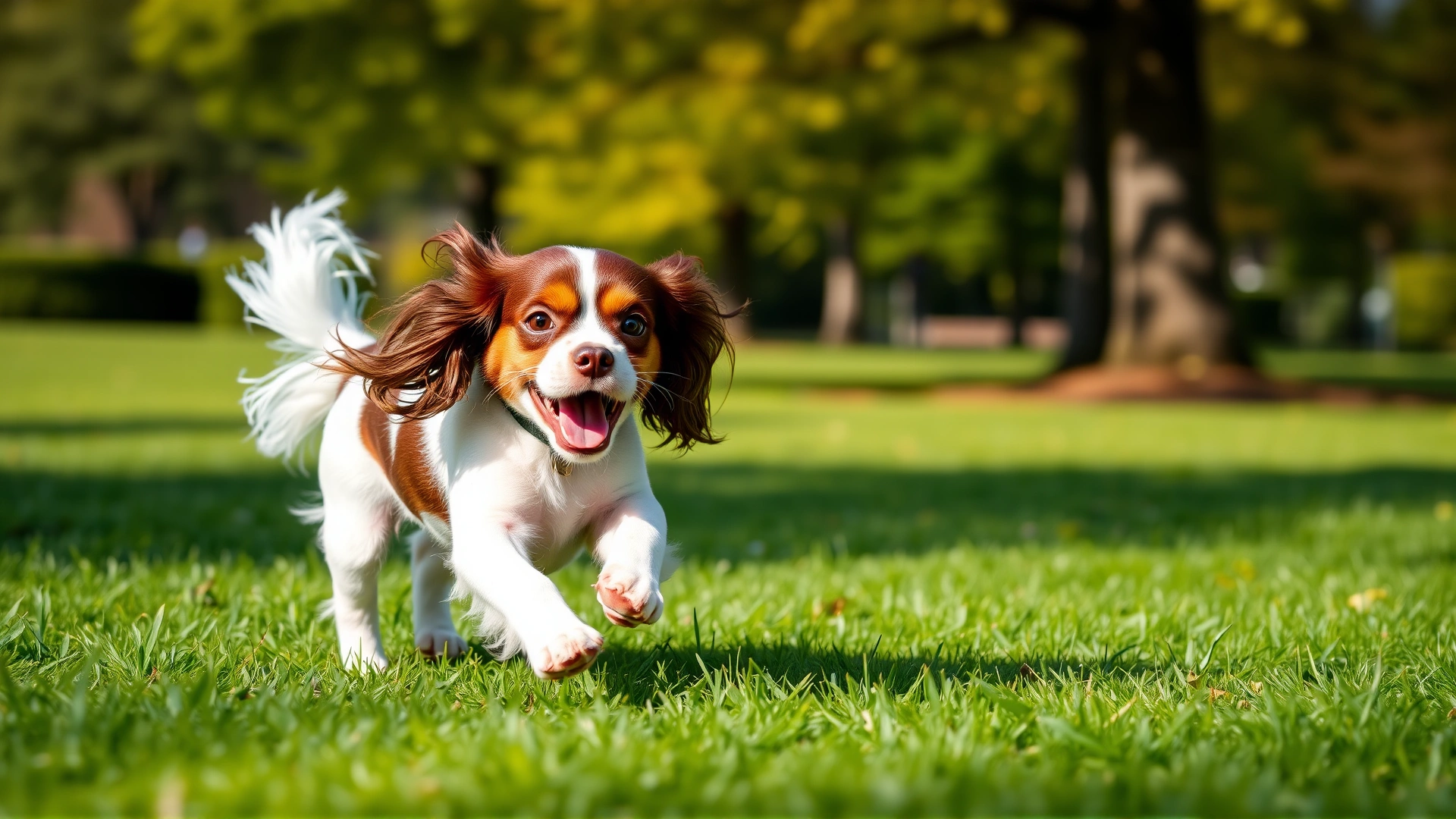 English Toy Spaniel running happily through a sunny green park with ears flapping, representing exercise needs