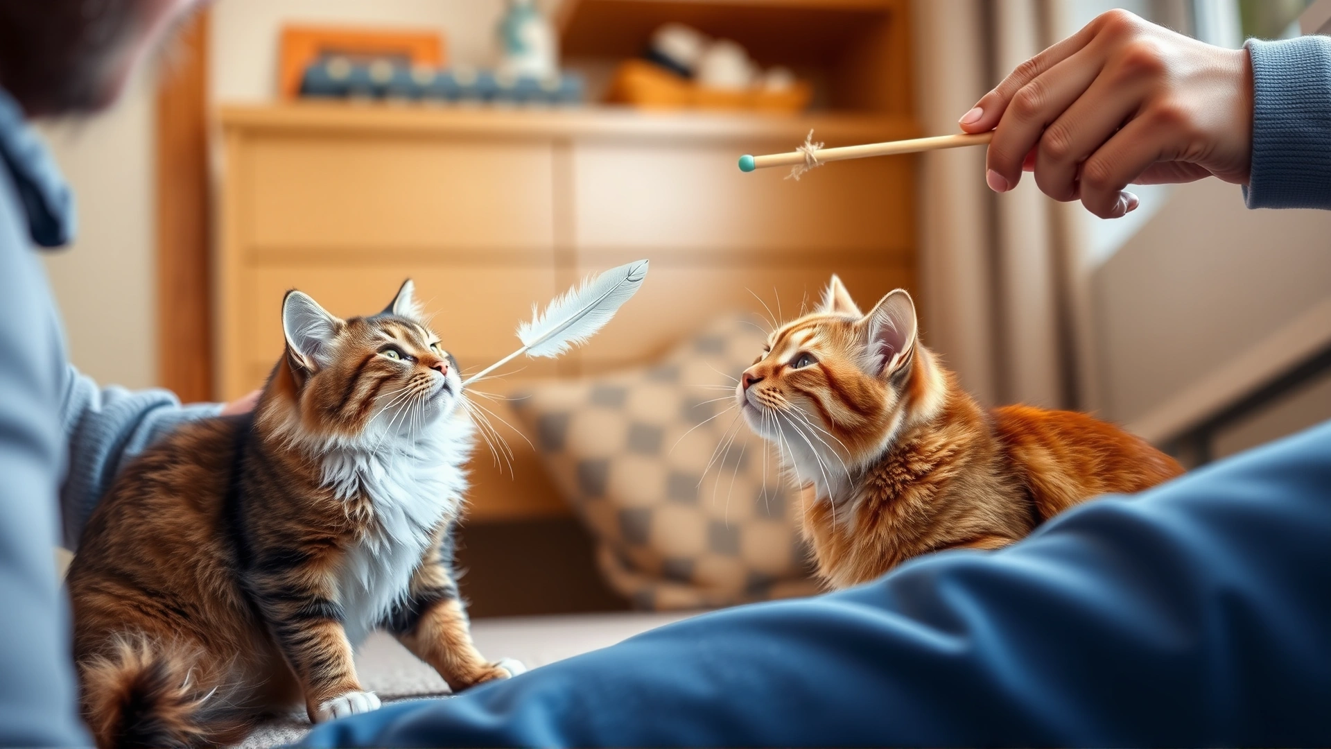Owner using a feather wand toy to engage two cats in the same room; both cats appear relaxed and playful