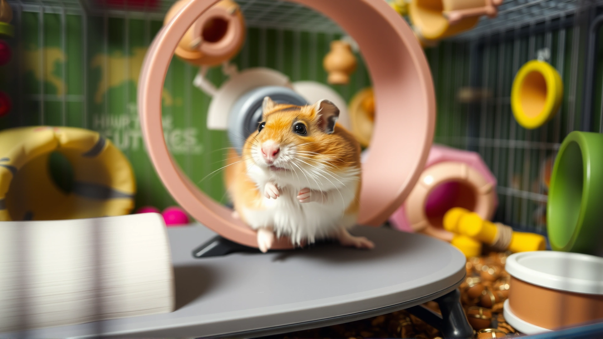 Active hamster running on a solid-surface exercise wheel inside an enriched cage with tunnels and chew toys, motion blur to show movement