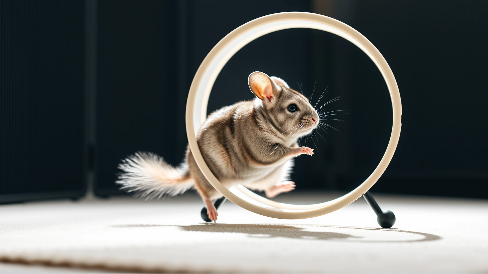 Chinchilla running inside a solid-surface 15-inch exercise wheel in a well-lit enclosure, motion blur on the wheel to show activity