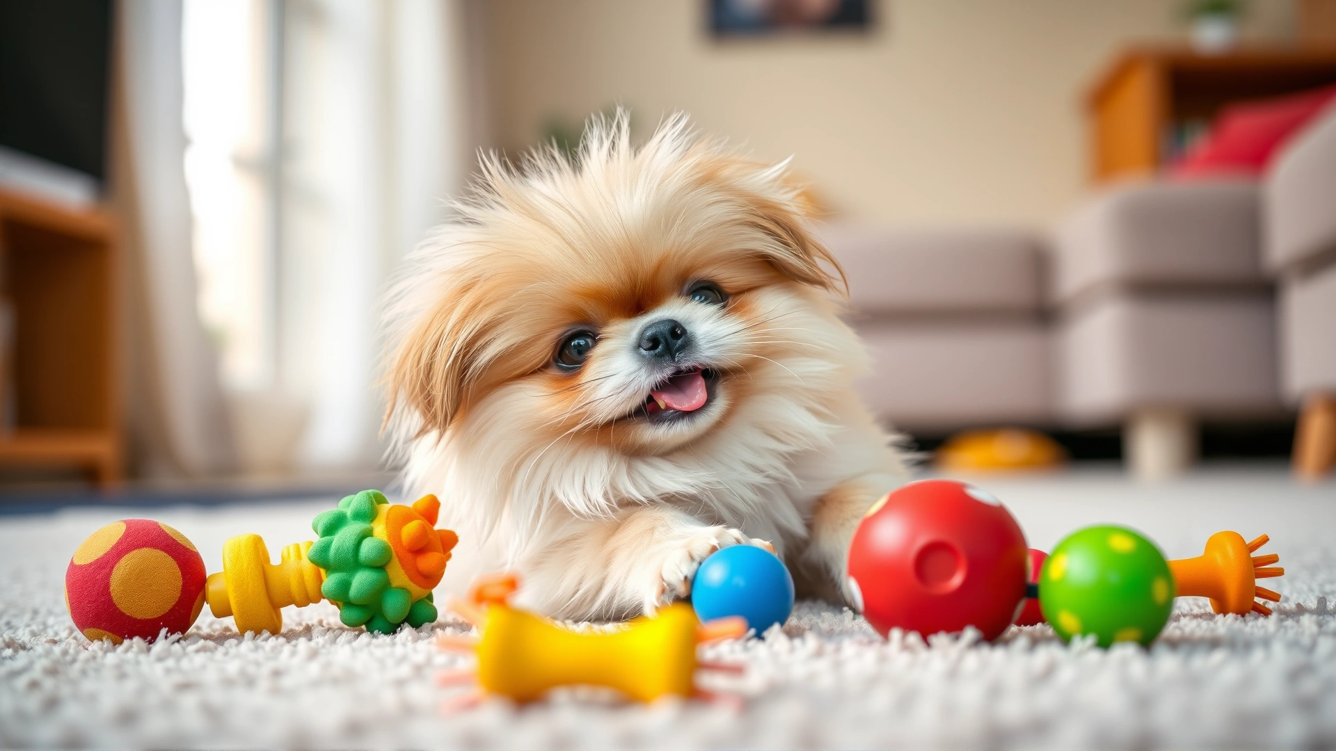 Happy Pekingese puppy playing with colorful toys indoors on a soft carpet