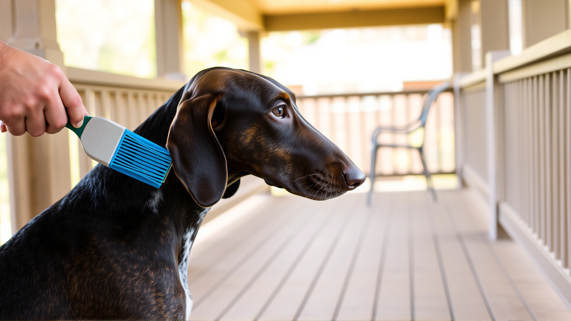 Close-up of an owner brushing a Plott Hound on a wooden porch, emphasizing the short sleek coat and minimal shedding