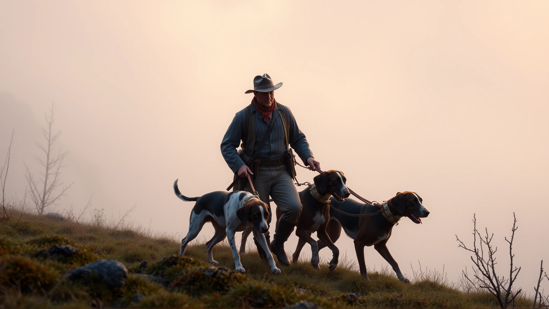 Two historically dressed American hunters with Plott Hounds tracking scent in the misty Appalachian mountains at sunrise