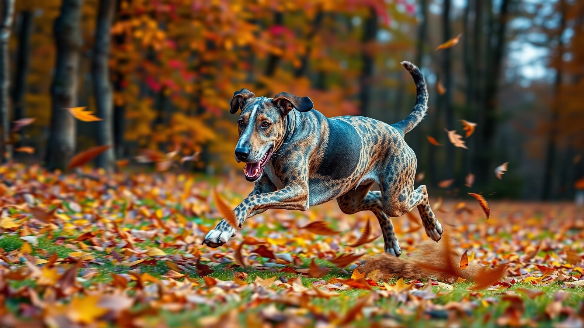 A Plott Hound running through colorful autumn woods with leaves swirling around, highlighting the dog’s dynamic movement and focus