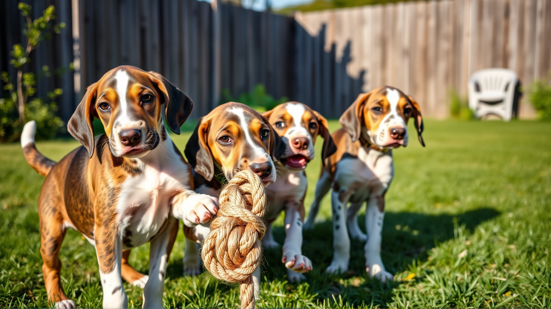 A group of playful Plott Hound puppies tugging on a rope toy in a sunny fenced backyard