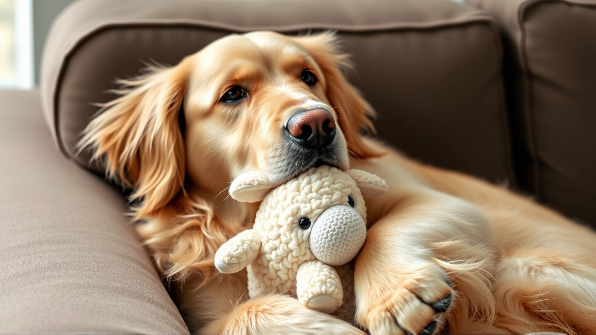 Senior Golden Retriever cuddling a plush lamb toy while resting on a sofa