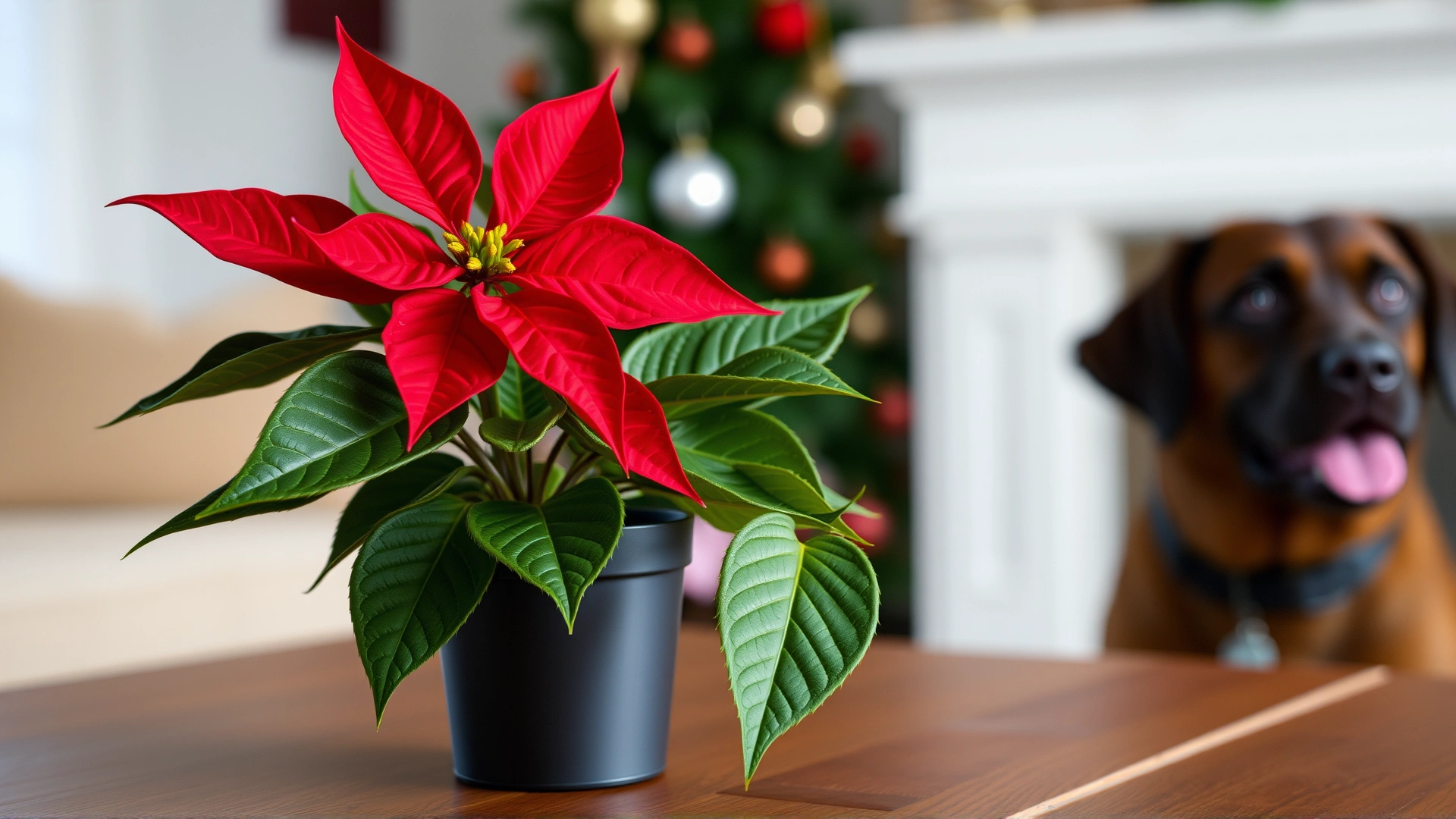 Close-up of a bright red poinsettia plant on a wooden table with a blurred dog in the background.