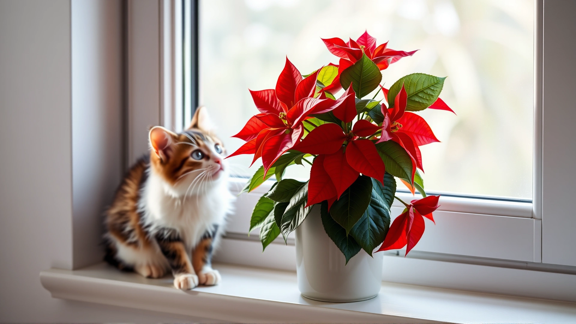 Bright red poinsettia plant placed on a windowsill with a cat looking at it inquisitively, soft natural lighting.