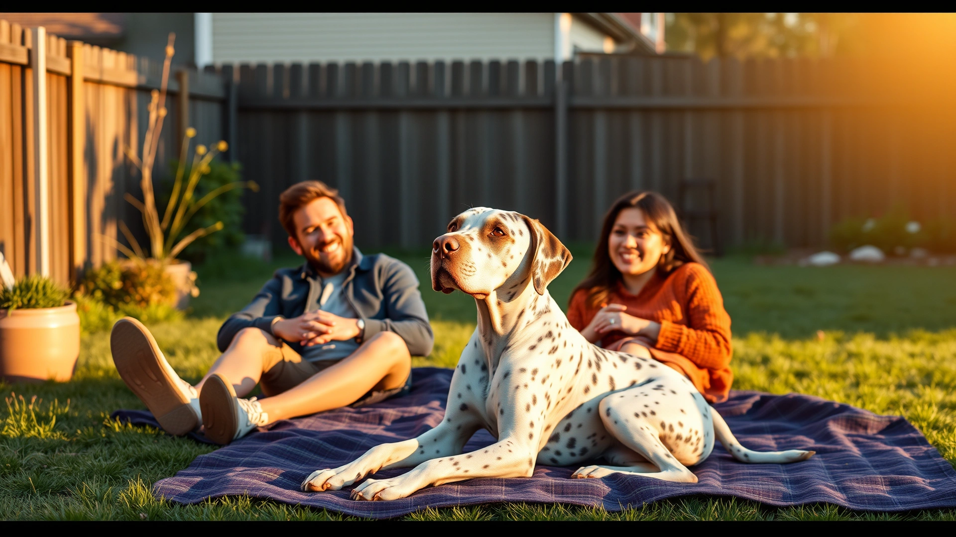 Happy family relaxing in a fenced backyard with their English Pointer lying contentedly beside them, warm afternoon golden hour lighting