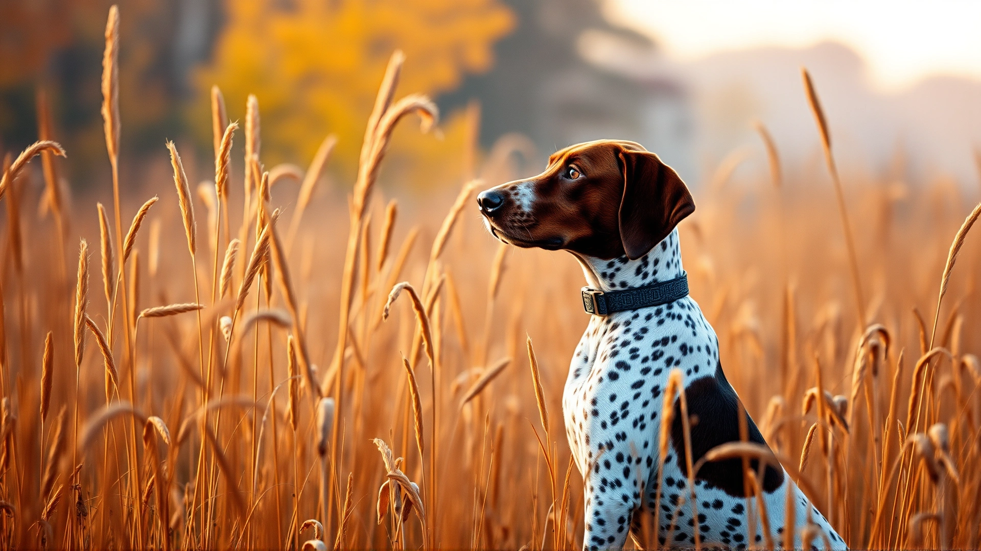 Classic hunting scene of an English Pointer frozen in the iconic pointing stance amid tall golden grass, autumn colors, warm backlight, high-detail photograph