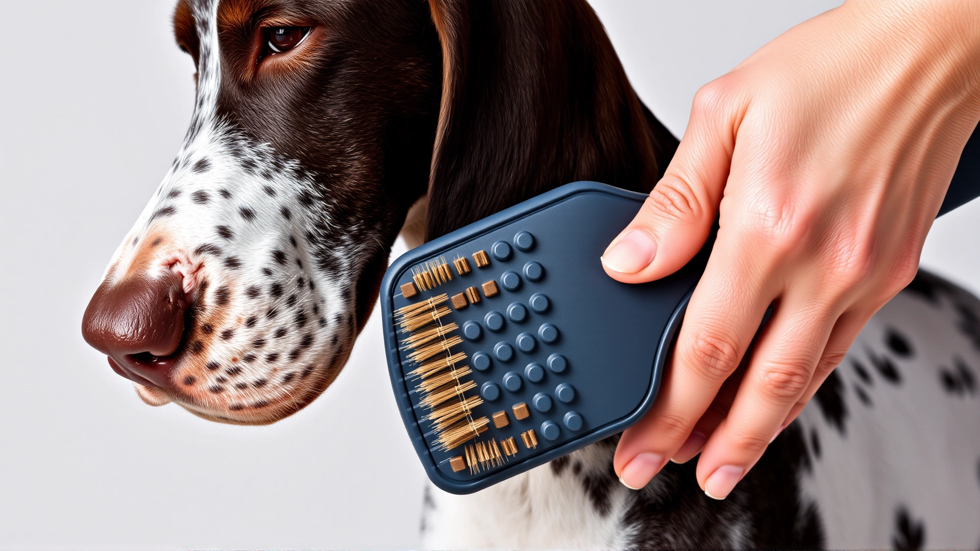 Close-up of hands brushing the short coat of an English Pointer with a rubber grooming mitt, loose hair visible, neutral background, macro shot
