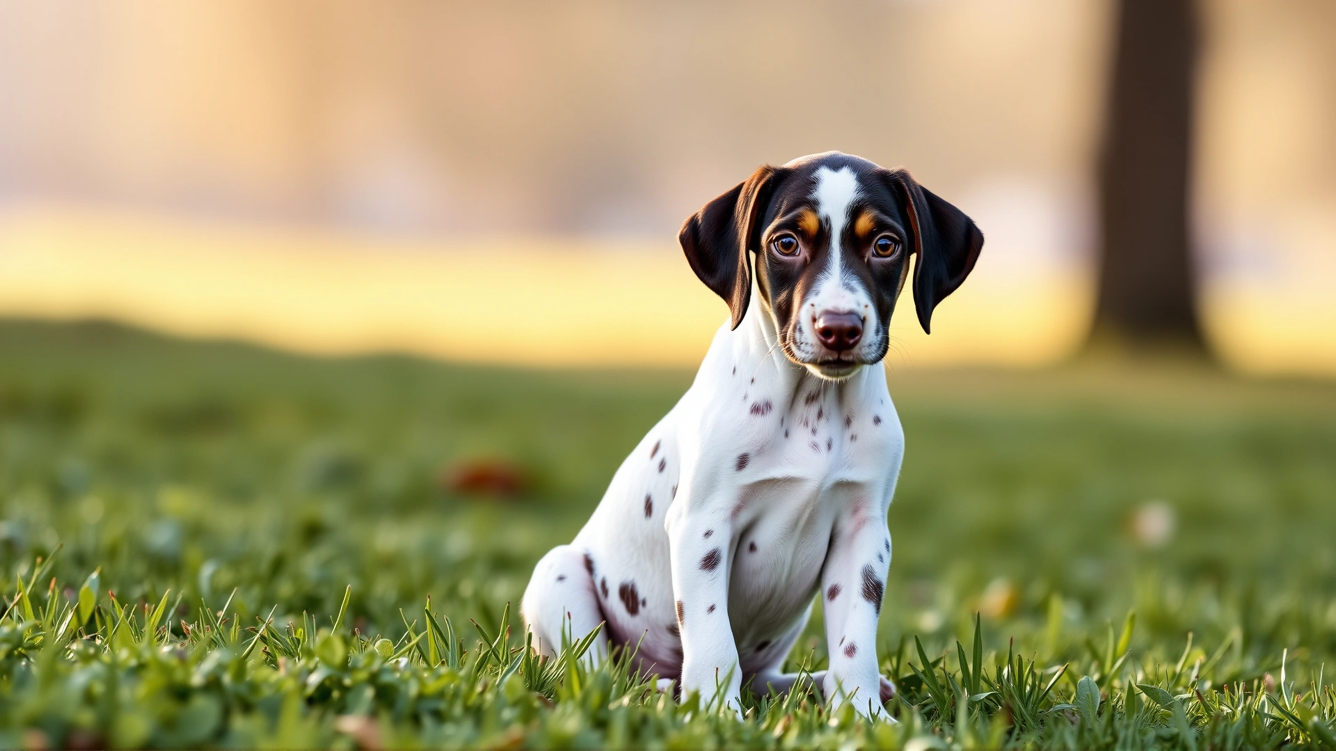 Curious English Pointer puppy with white coat and lemon markings sitting on green grass, soft morning light, shallow depth of field