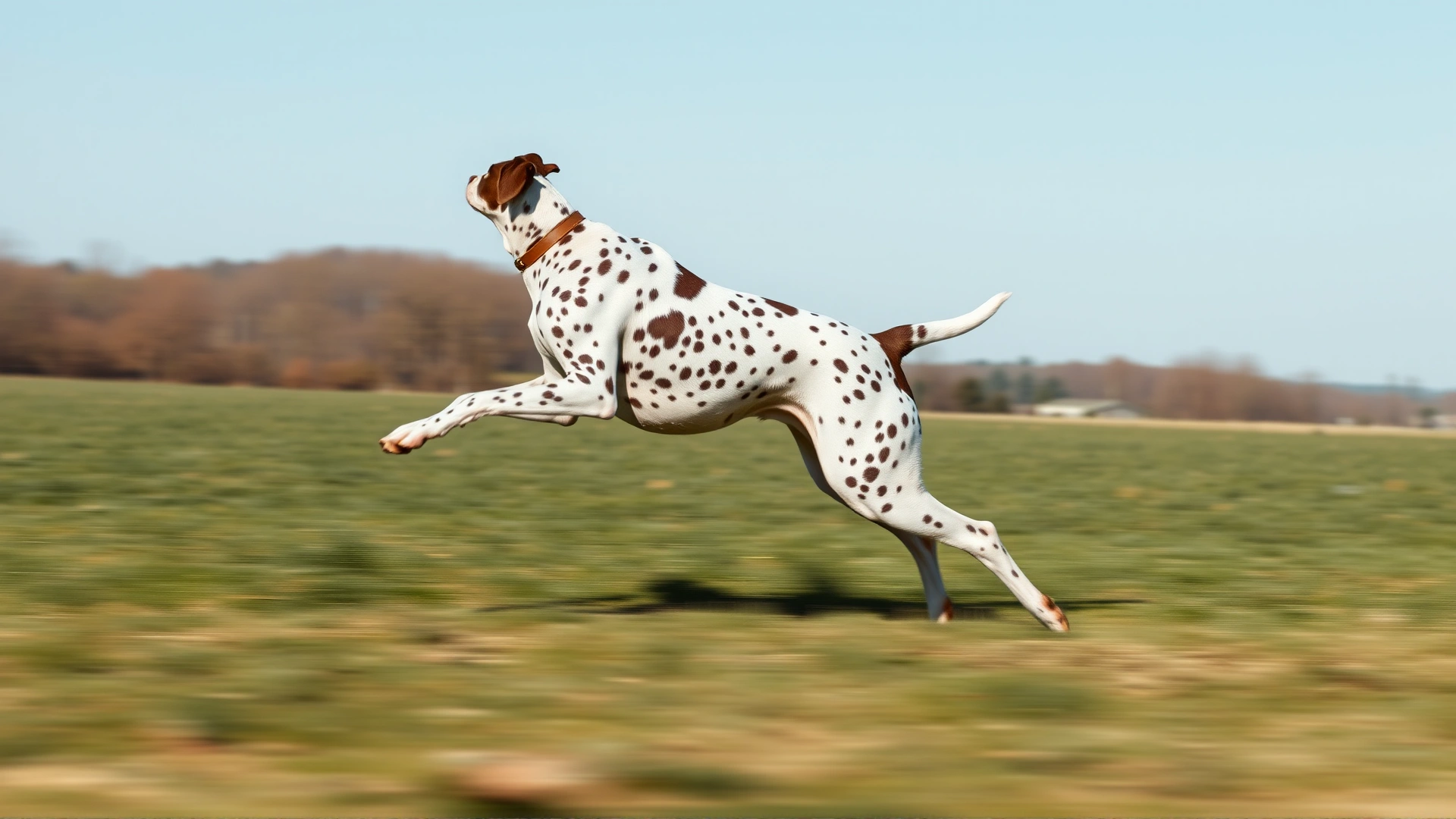 English Pointer sprinting across an open field with motion blur emphasizing speed, bright daylight, high-resolution action photo
