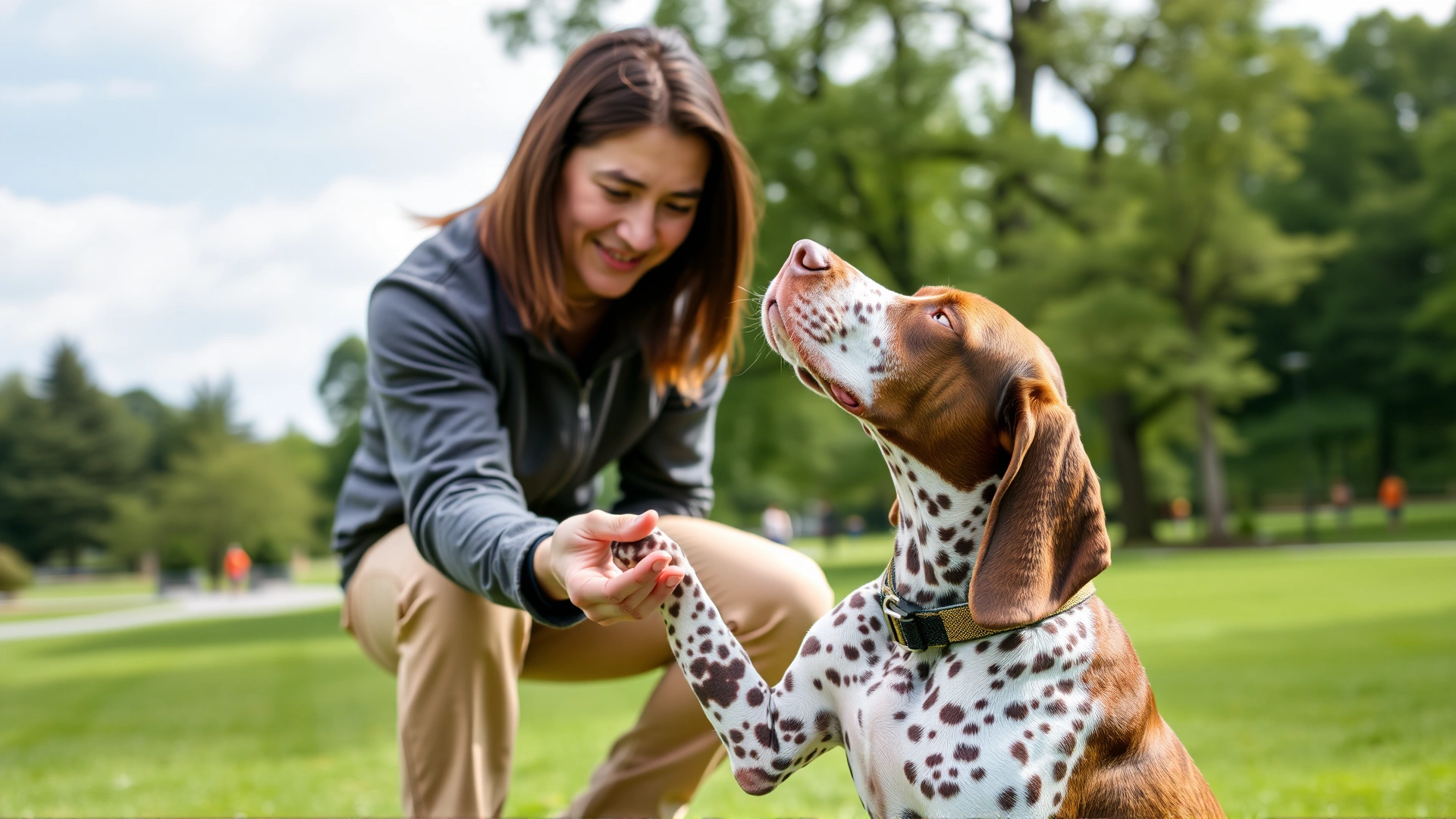 Dog owner using positive reinforcement to train an adult English Pointer outdoors, dog touching owner’s palm with nose, natural park setting
