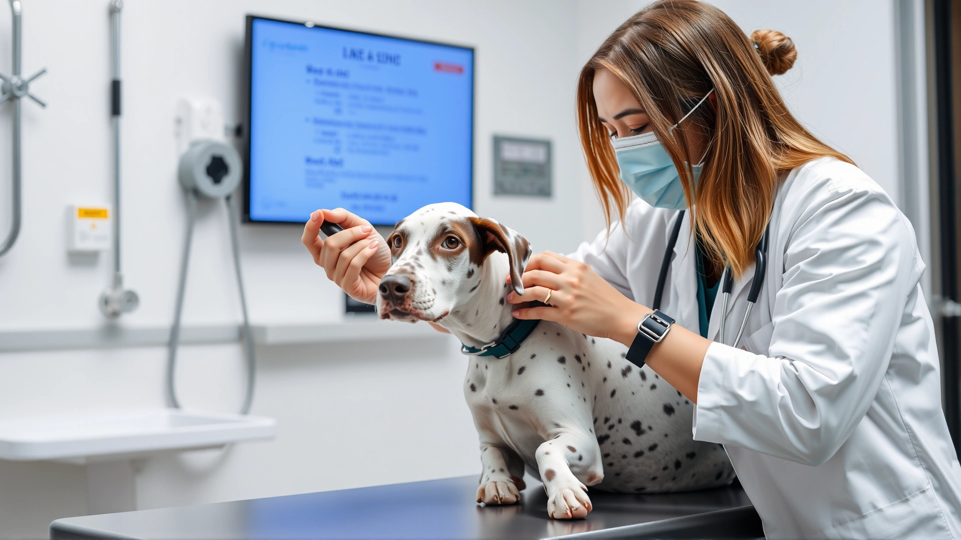 Veterinarian gently examining an English Pointer’s ears in a modern clinic, dog calm on exam table, bright clinical lighting