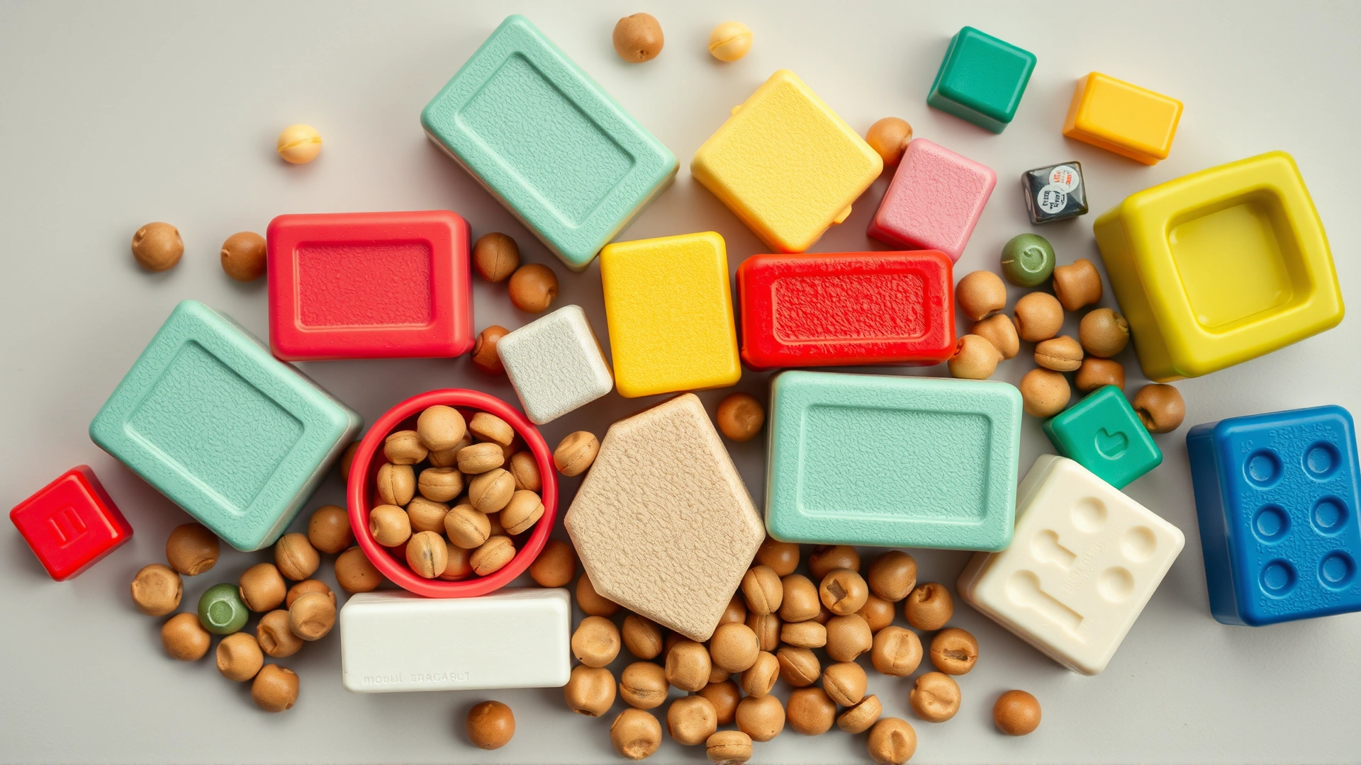 Flat lay of different types of rodenticide pellets and blocks in various colors on a neutral background, no text visible