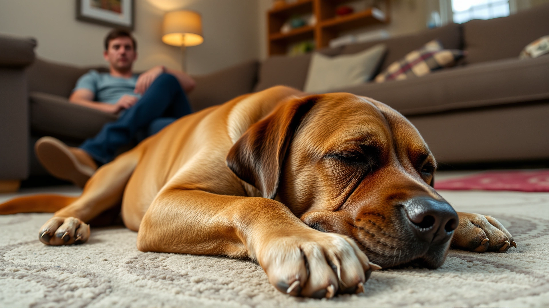 Medium shot of a Labrador retriever looking lethargic on a living-room floor with subtle drool and concerned owner in background, soft light