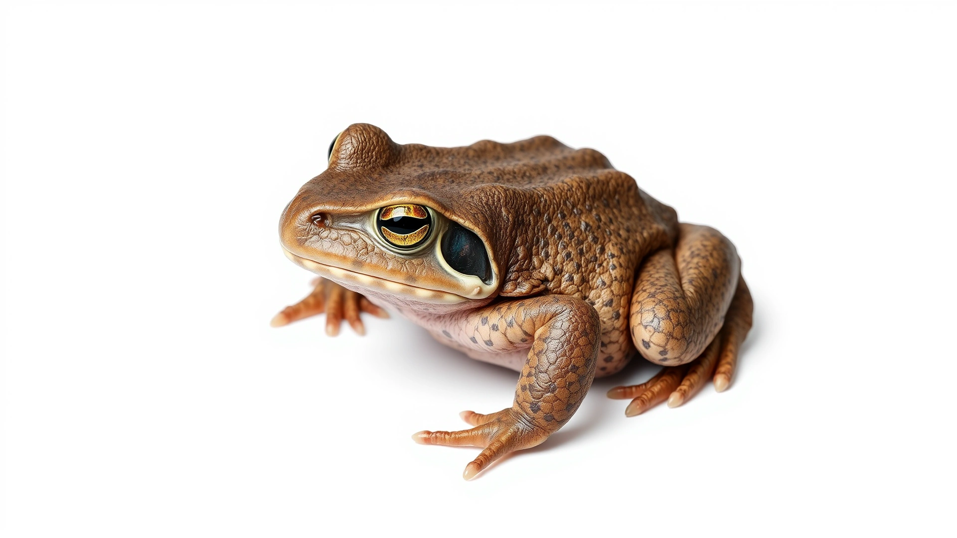 Isolated image of a cane toad (Rhinella marina) on white background, detailed skin texture, no text