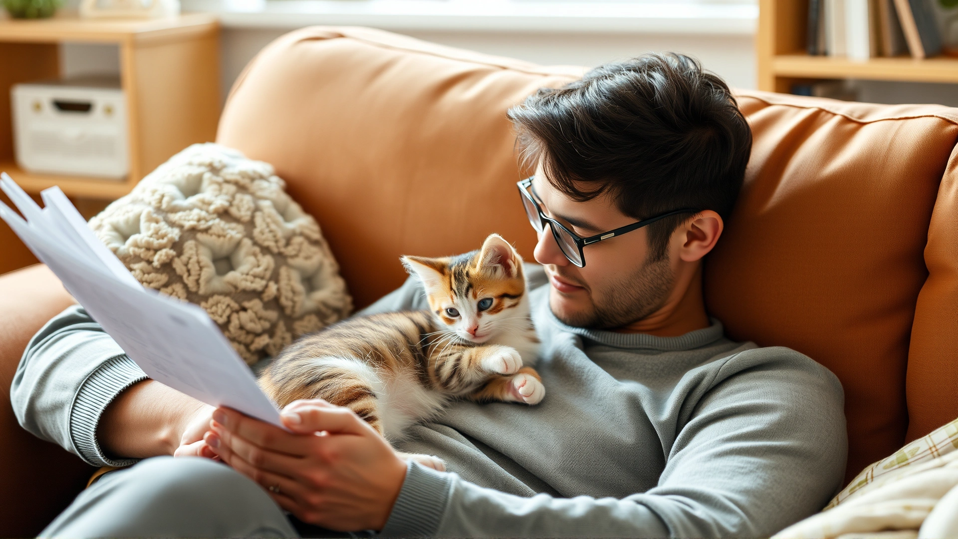 Pet owner sitting on a couch reading pet insurance documents while a kitten rests on their lap, indoor cozy setting