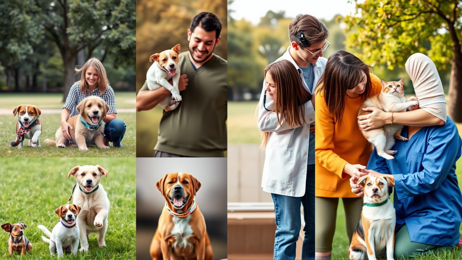 Collage-style image showing pet owners with their dogs and cats in different situations: playing in the park, visiting a vet, receiving vaccinations, to represent various insurance plan types.